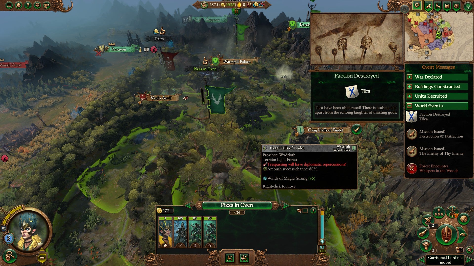 A screen showing a battlefield in Total War Warhammer 3 Immortal empires. A goblin called 'Pizza In The Oven' is selected
