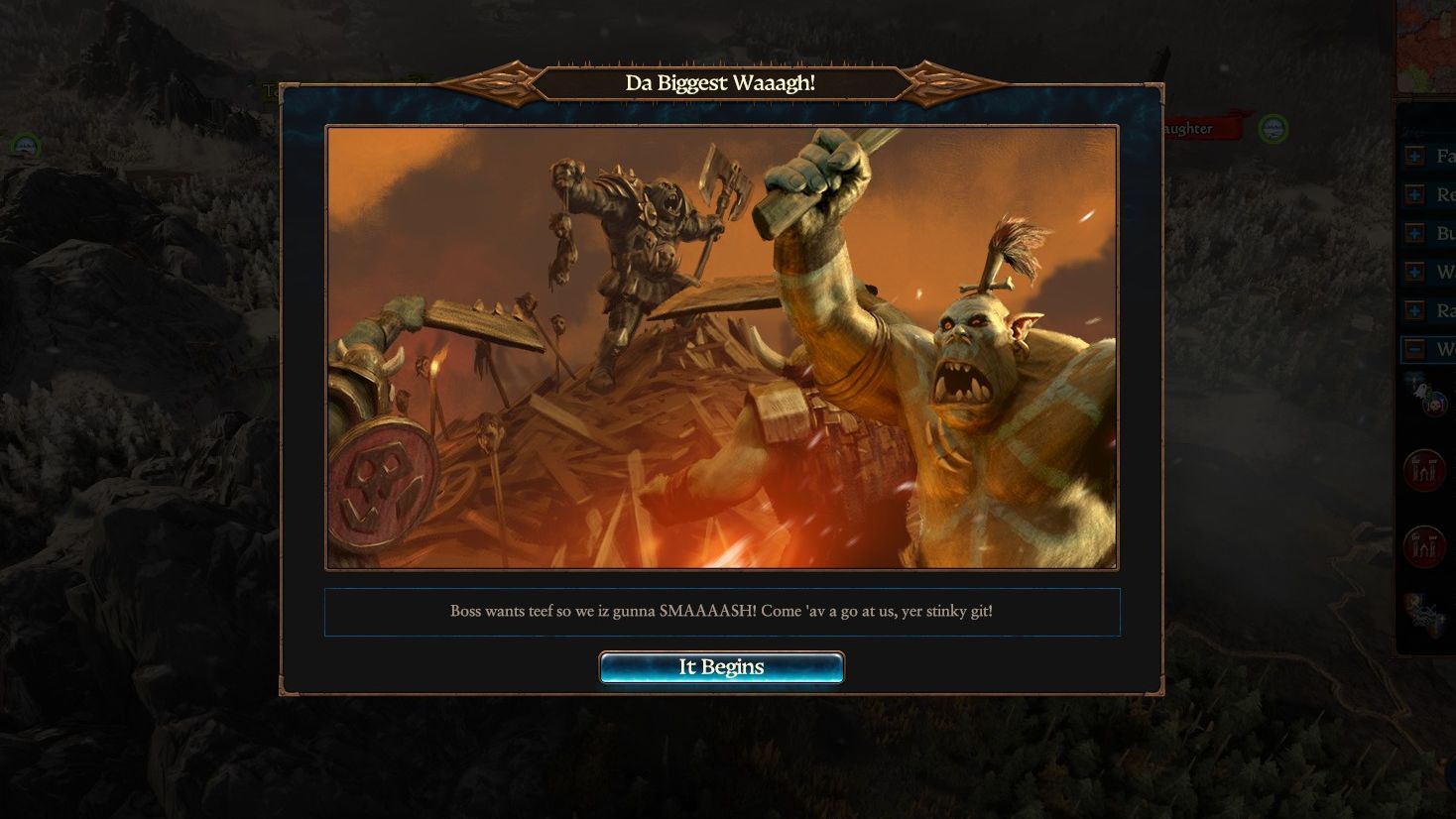 A pop up screen ahead of war in Total War: Warhammer 3 Immortal Empires, with Orcs preparing for WAAAAGH