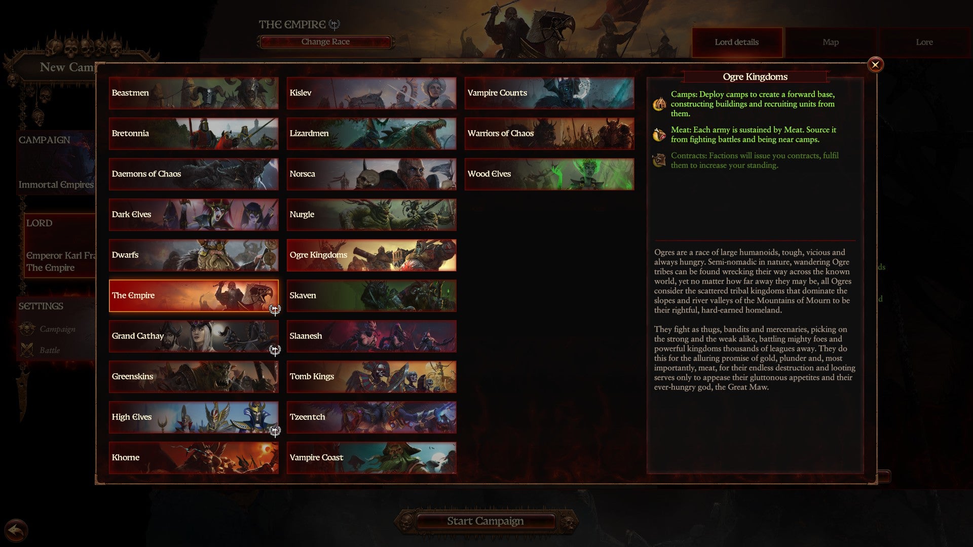 The choose faction screen in Total War Warhammer 3 Immortal Empires. There are a lot of factions, includng ogres, humans, vampires, orcs, elves, and so on