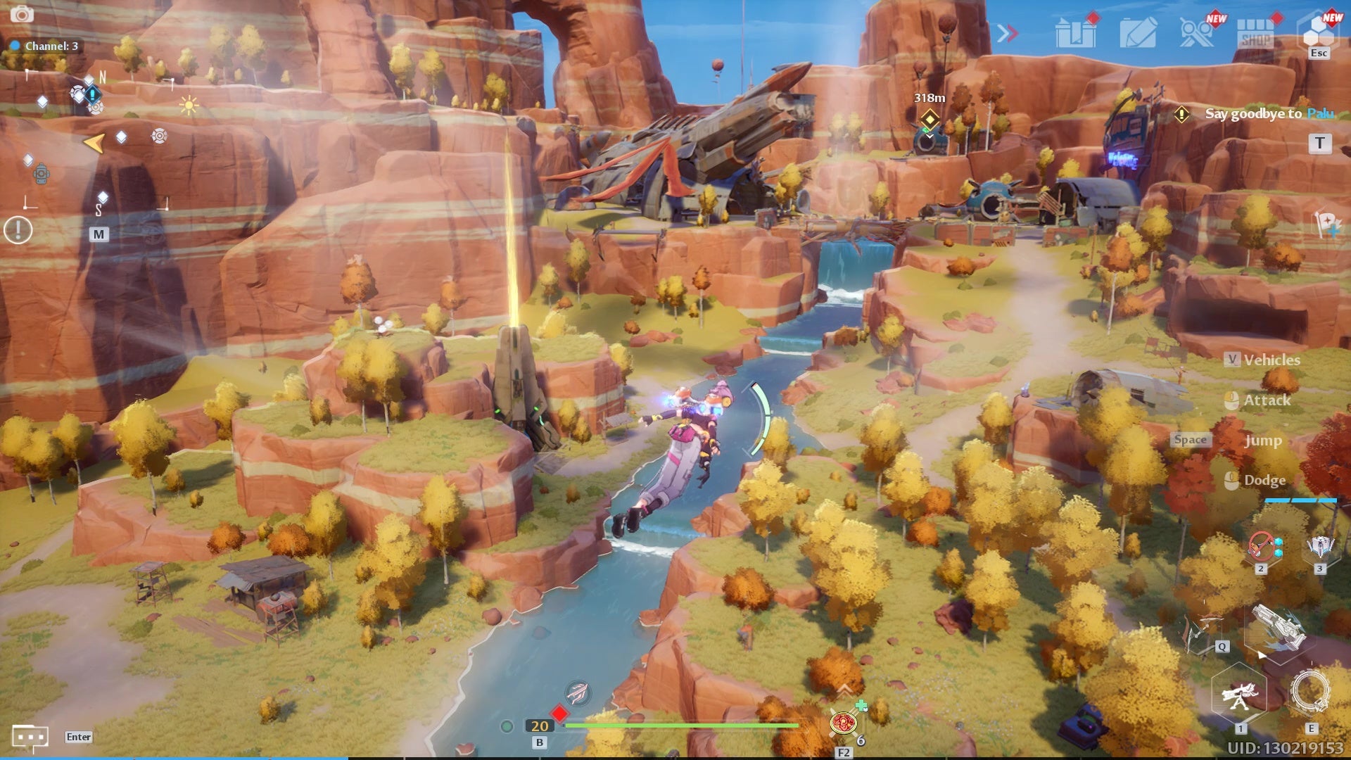 Le joueur fait un jetpack au-dessus de la première zone de chute de Tower Of Fantasy.