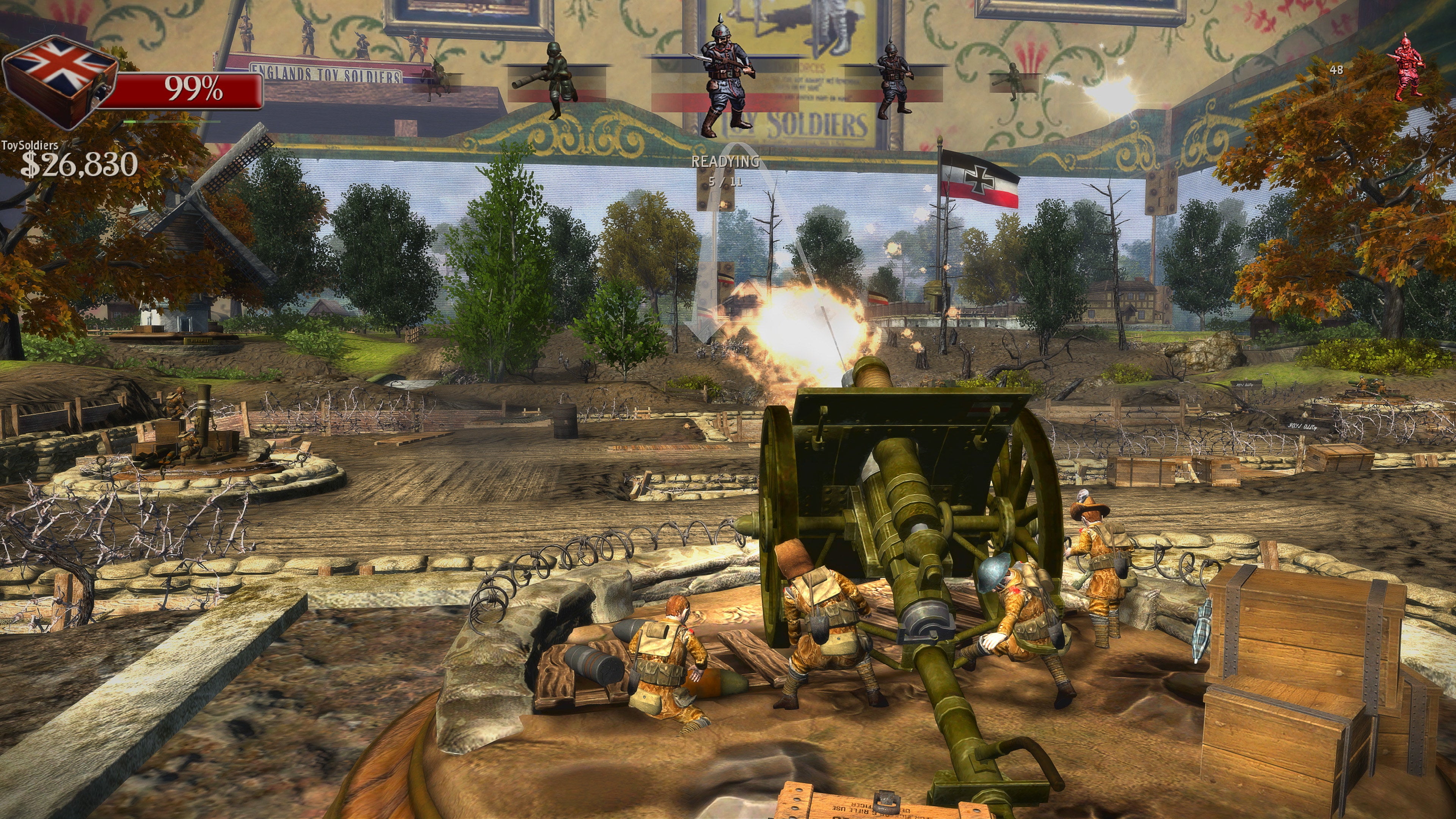 Controlling an artillery emplacement in a Toy Soldiers HD screenshot.