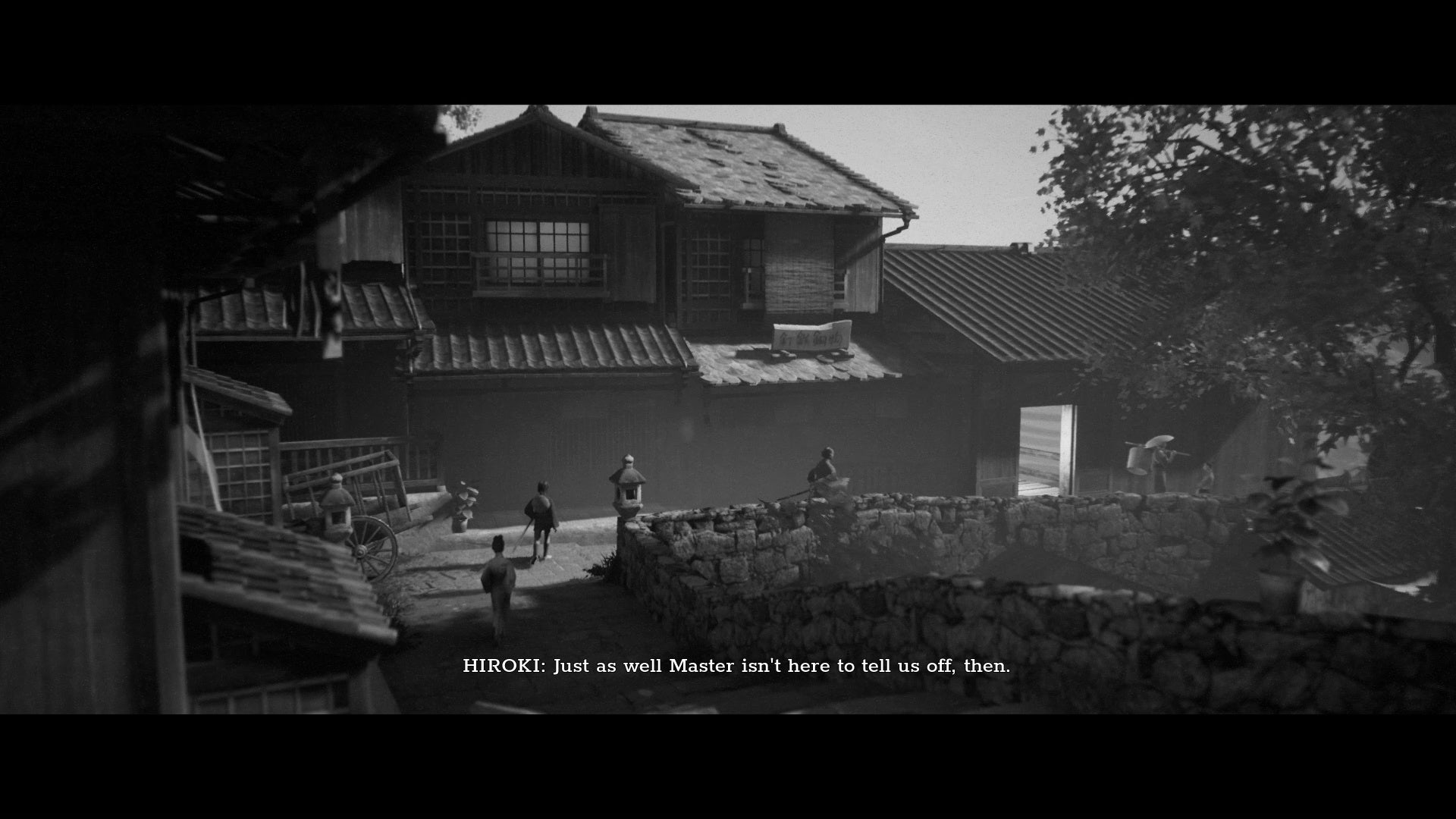 A screenshot from Trek To Yomi which shows Hiroki escort a young princess through a quiet street.