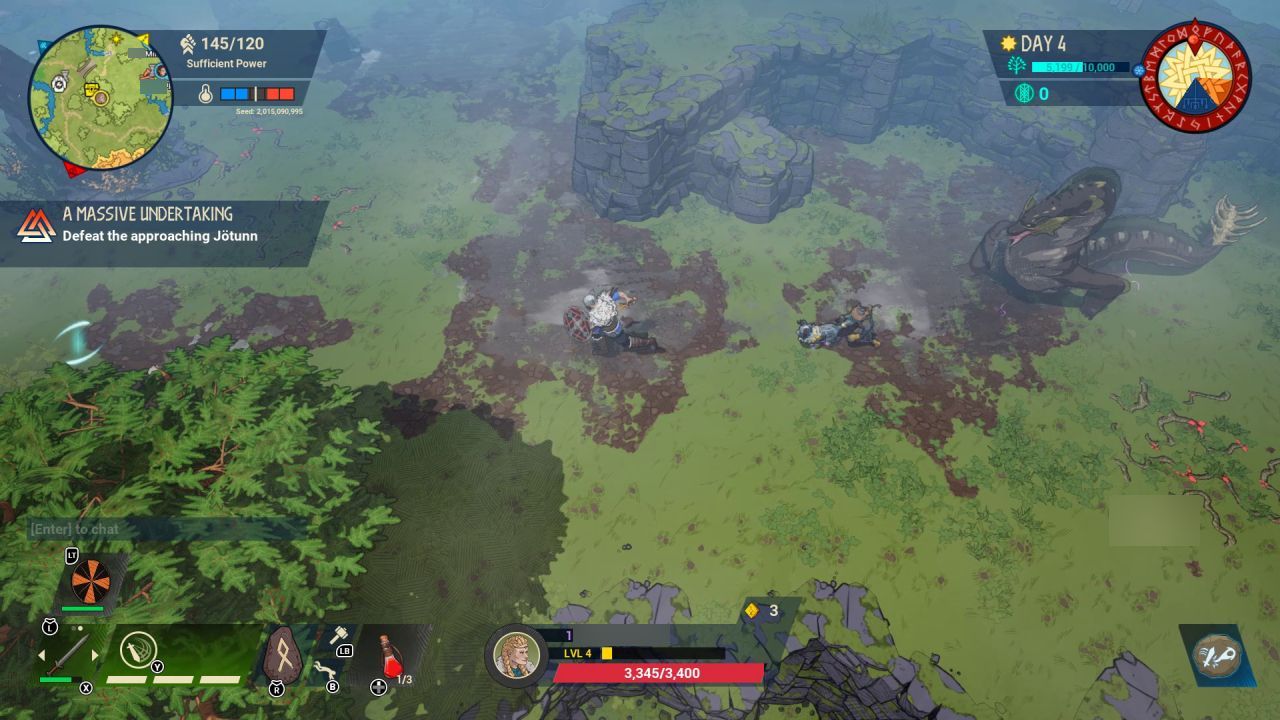 The player character in Tribes Of Midgard, running across swamping ground and fleeing from a large snake-like monster