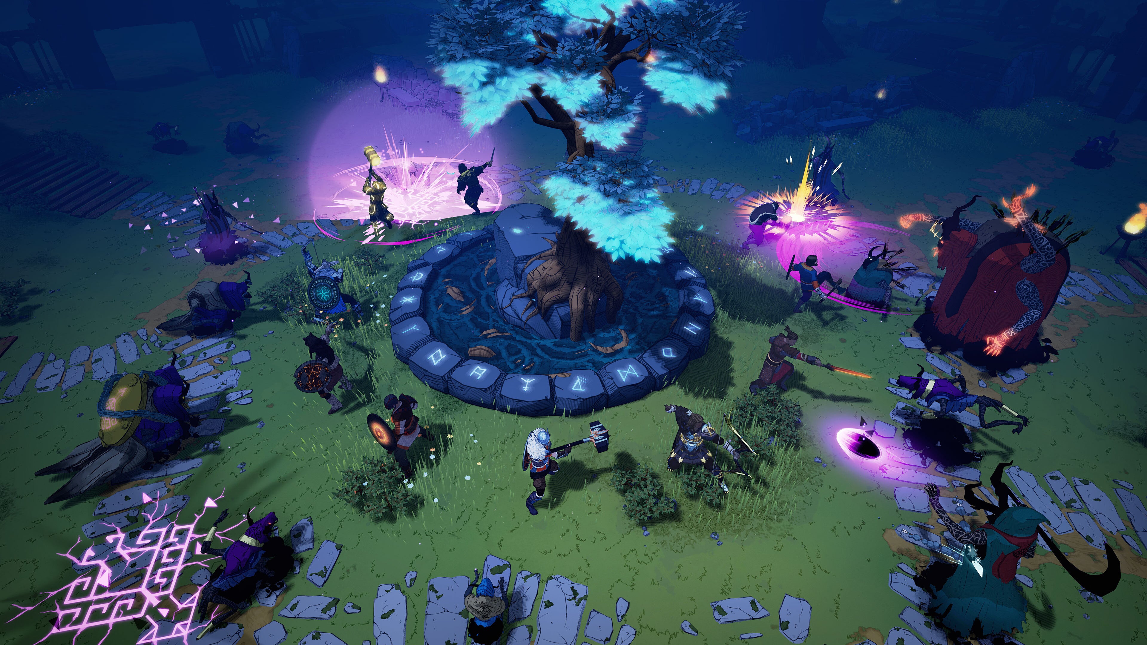 Tribes Of Midgard - Several viking players stand with their backs to a central tree, defending it from encroaching enemies at night.