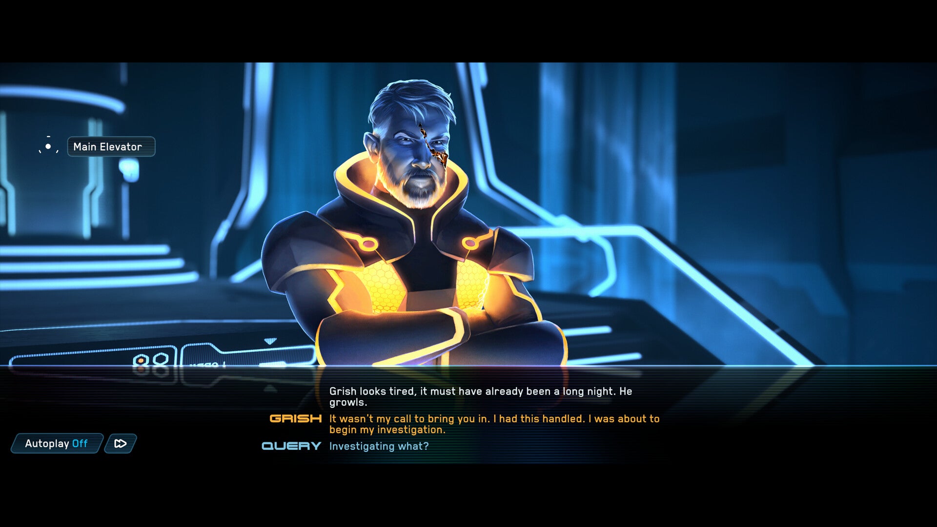 A man named Grish talks grumpily at you in visual novel Tron Identity.