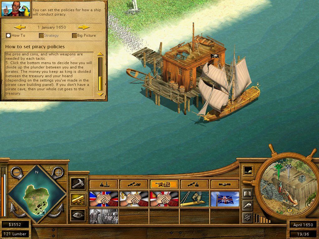A screenshot of a pirate ship docking in a harbour in Tropico 2: Pirate Cove