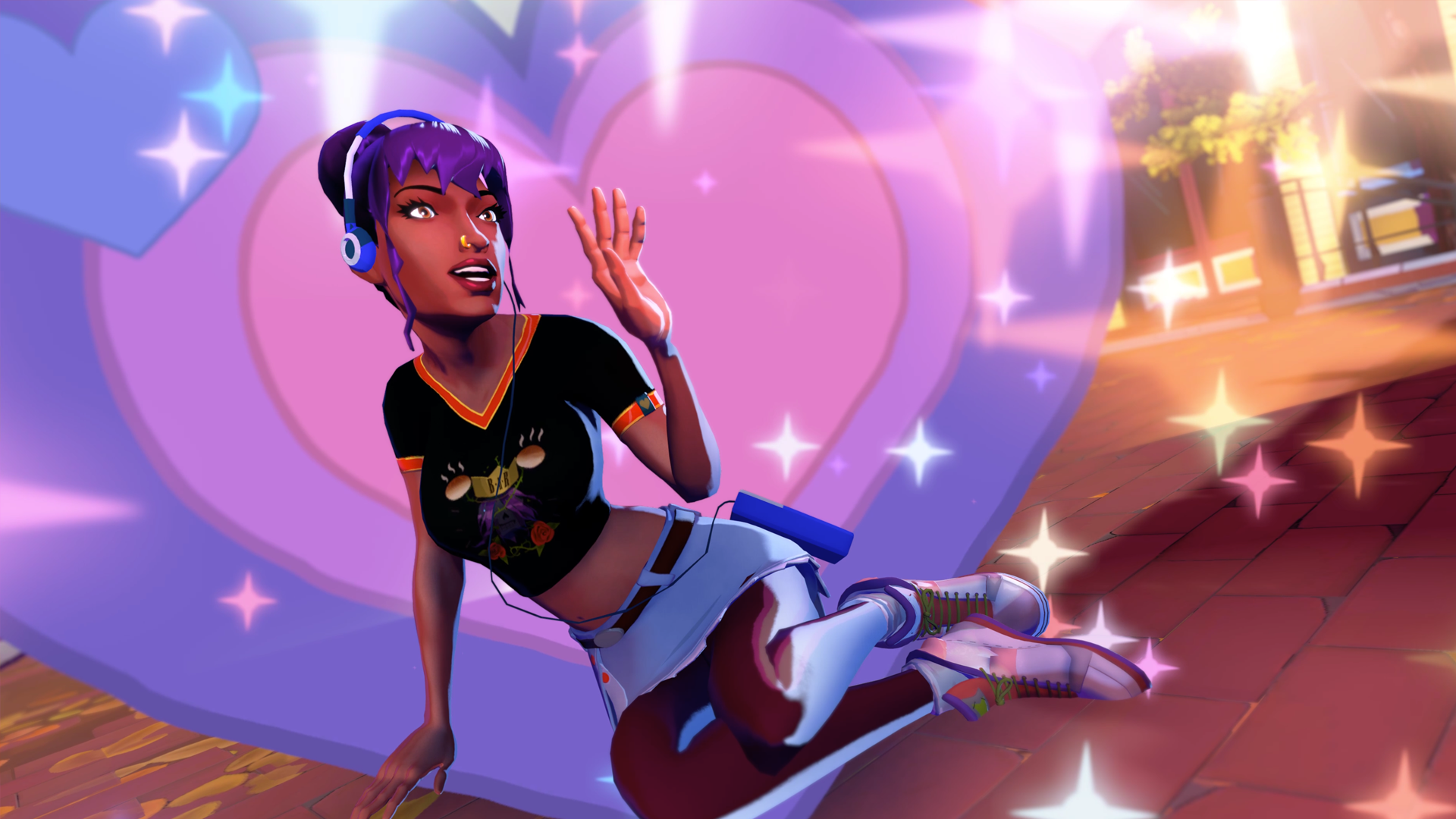 The main character of Thirsty Suitors sits in front of a glowing purple heart.