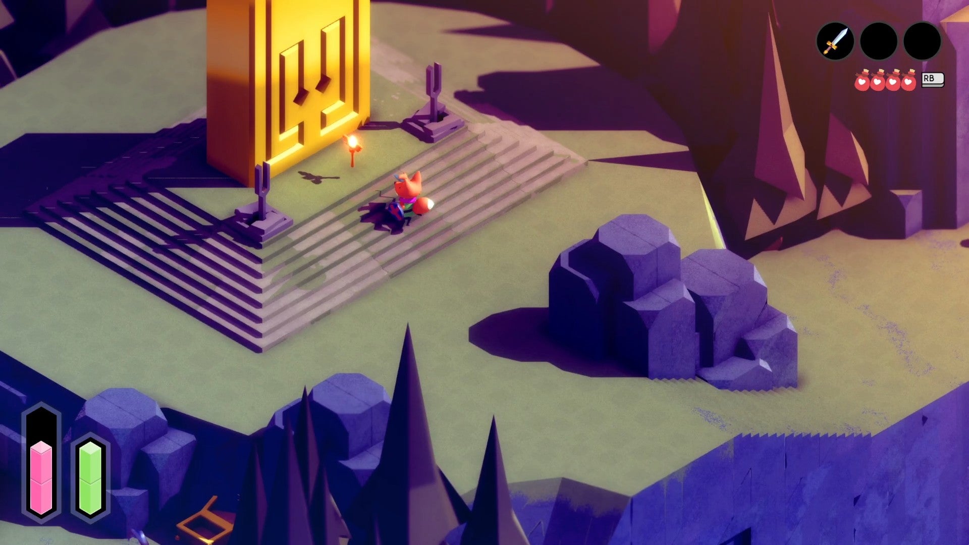 Tunic fox walking up to a gold structure with a wand on the ground on a mountainside