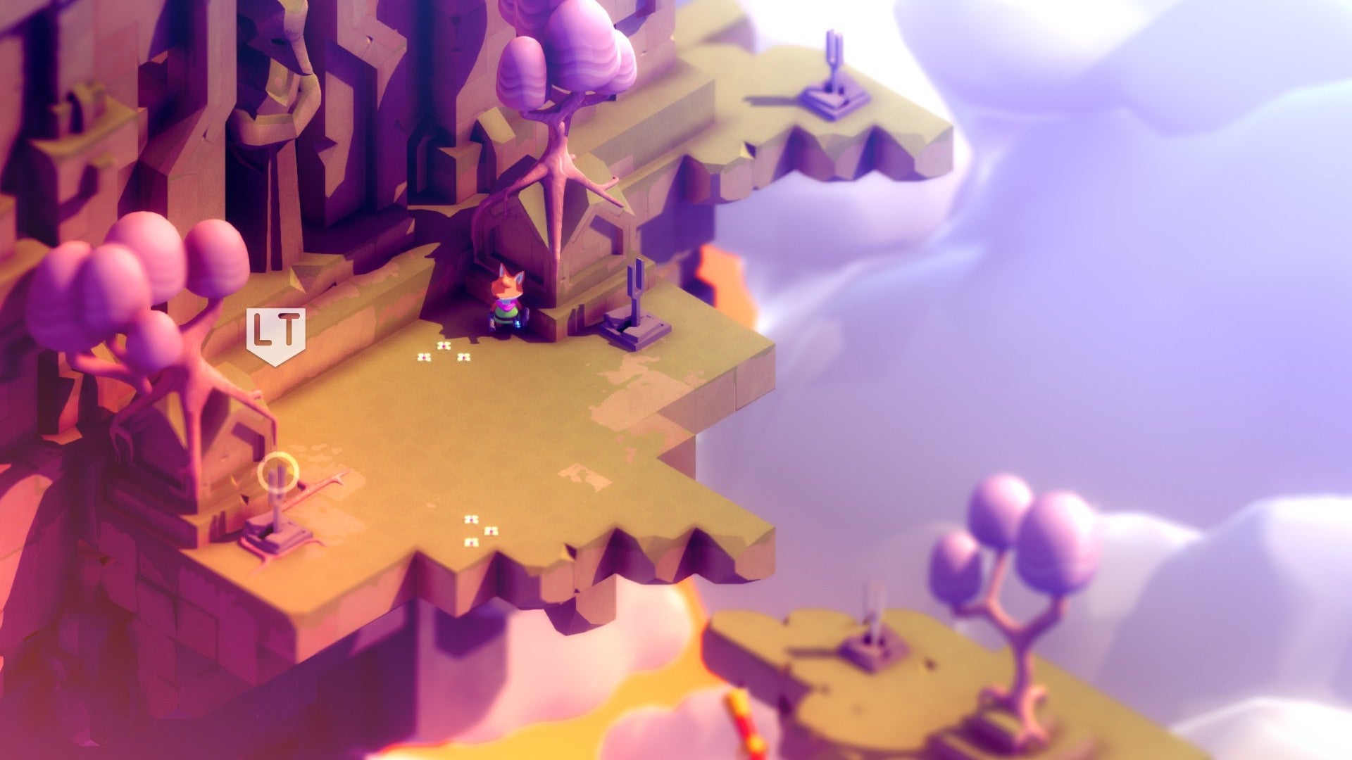 Tunic fox stood on a plateau in the sky, looking at a nearby grappling hook. Large fox statue looms over the protagonist and some blossom trees