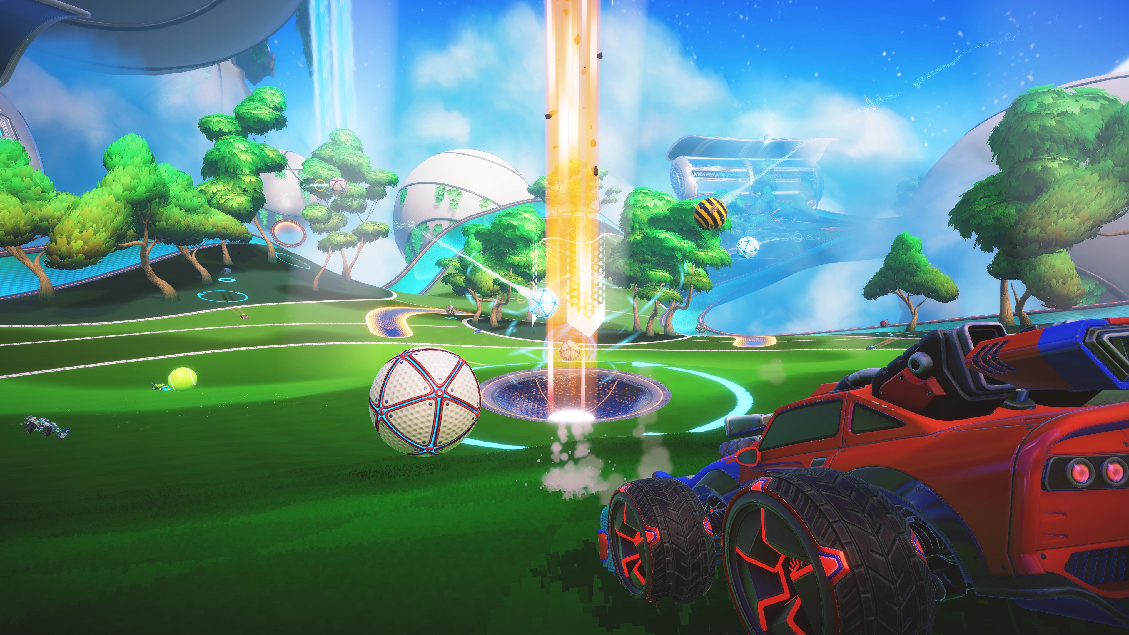 A screenshot of Turbo Golf Racing, showing a car on a floating green golf course racing towards a giant ball.