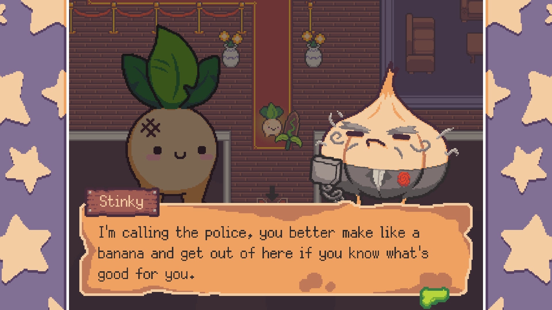 Turnip Boy converses with an onion called Stinky, who is threatening to call the police, in Turnip Boy Robs A Bank.