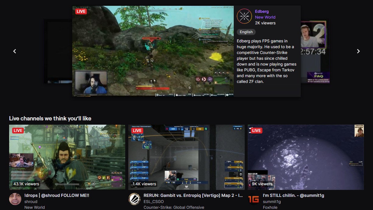 A screenshot of Twitch's homepage.