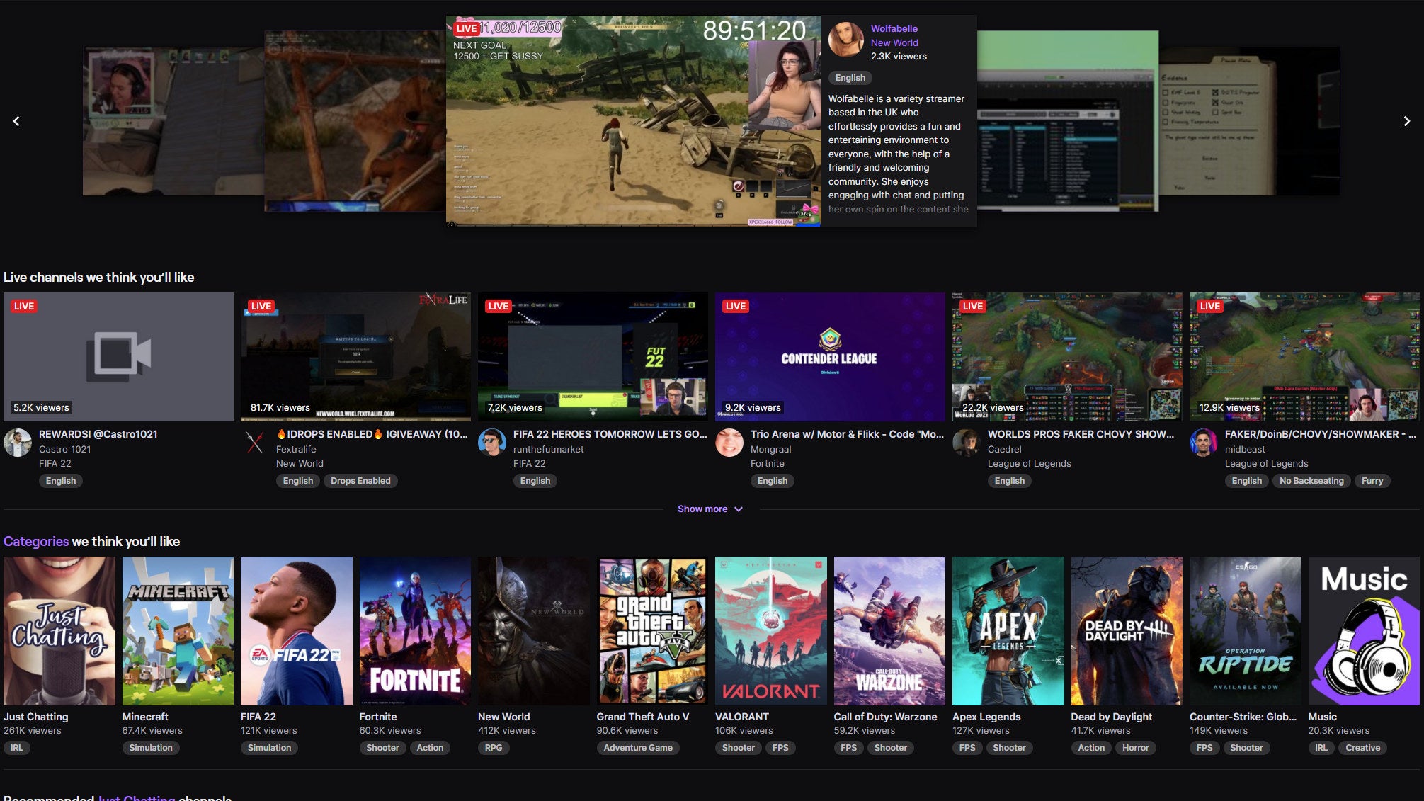 A screenshot of the Twitch homepage.