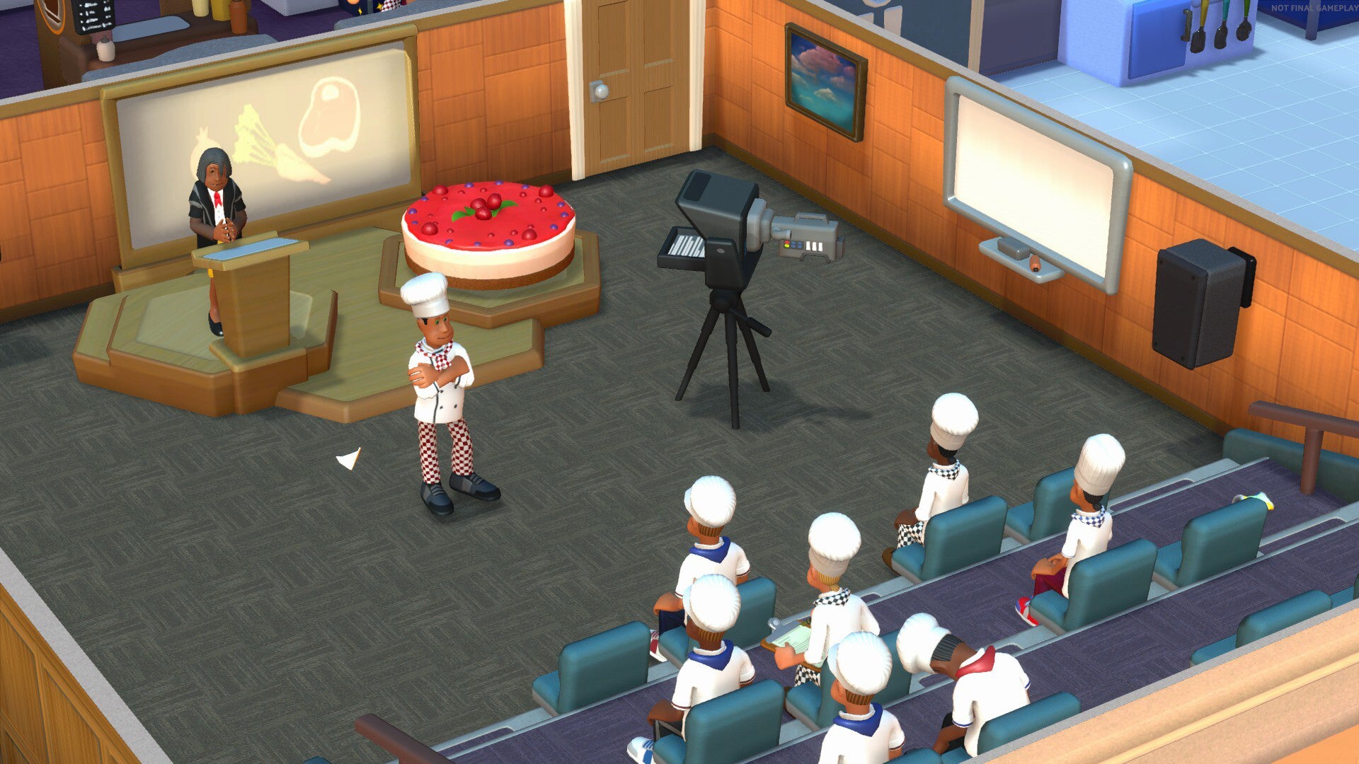 Student chefs learning about cheesecake in a Two Point campus screenshot.