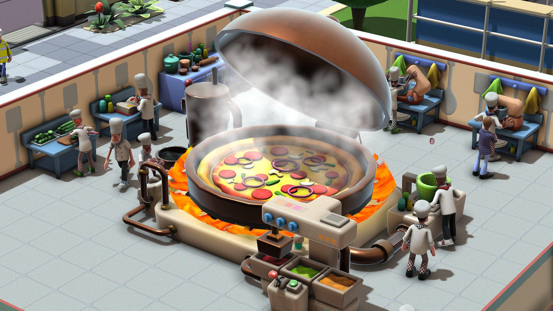 A giant pizza oven in a Two Point Campus screenshot.
