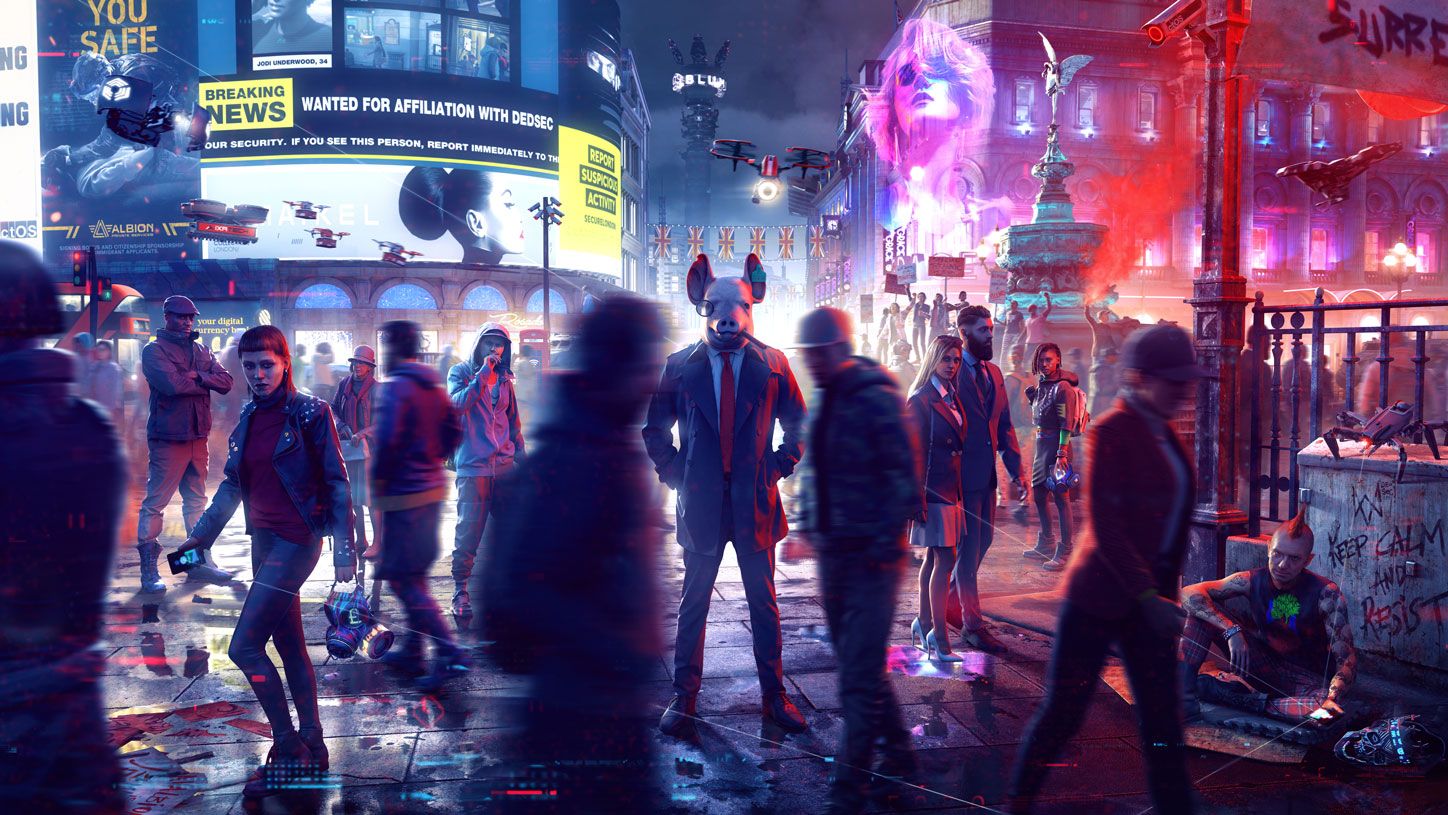 A strange pig-headed man stood in the middle of a dystopian London street in Watch Dogs: Legion.