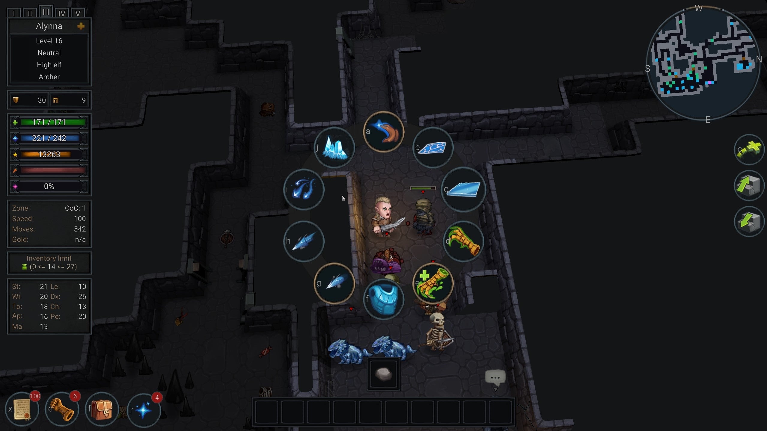 An Ultimate ADOM - Caverns Of Chaos screenshot showing an elf battling monsters in a dungeon.