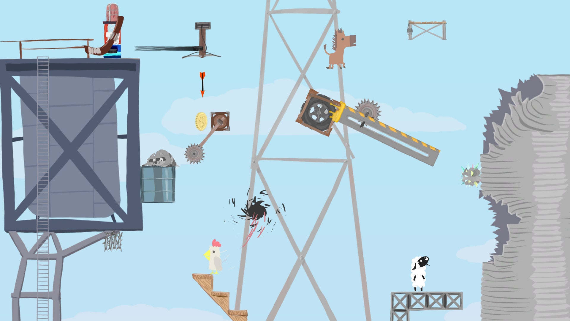 A deadly level in an Ultimate Chicken Horse screenshot.