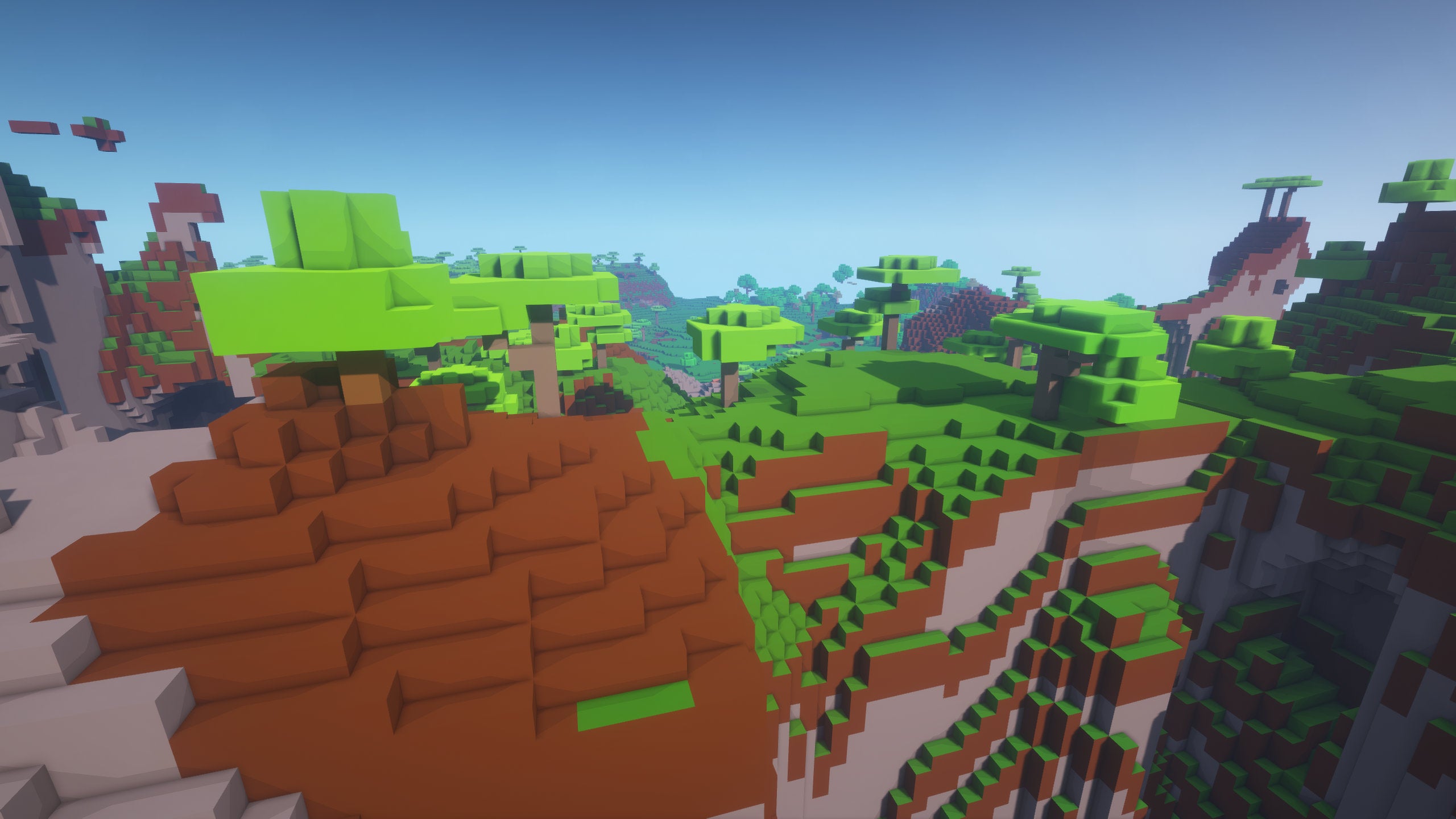 A Minecraft screenshot of a landscape displayed using the Ultra FPS Booster Texture Pack.