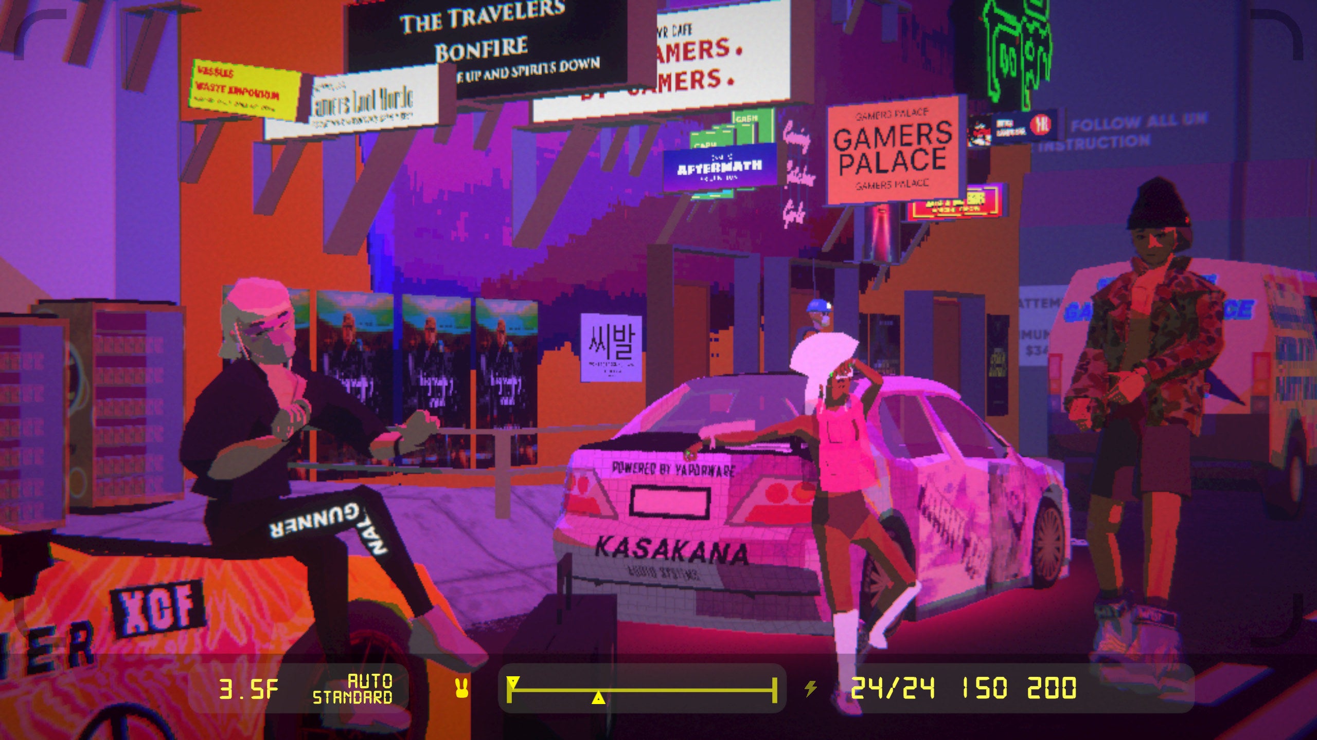 Photographing a street party in an Umurangi Generation screenshot.