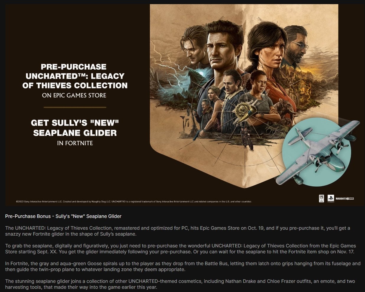 A screengrab of the Epic Games Store page for Uncharted: Legacy Of Thieves Collection, which briefly announced a release date for the game.