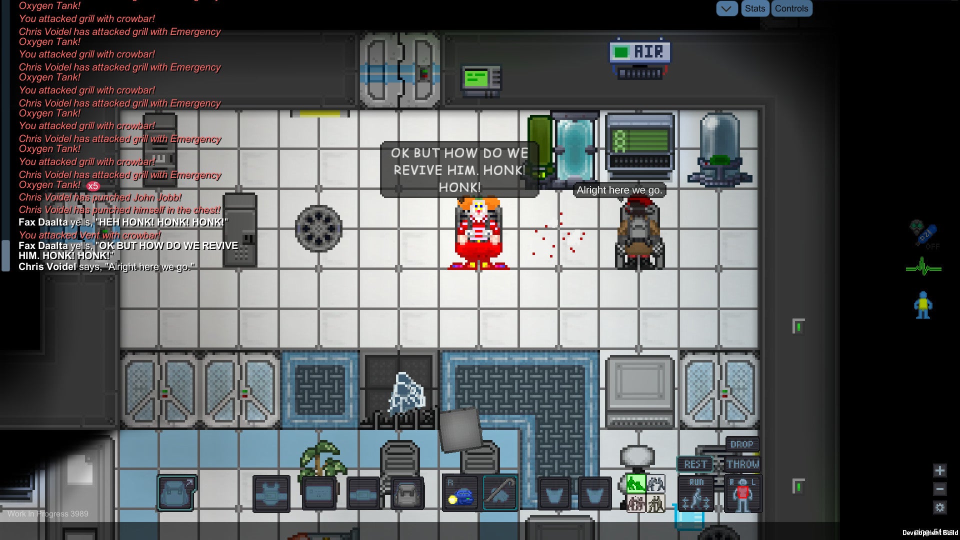 A screenshot of Unitystation showing a 2D, topdown view of the inside of a spaceship. At the centre of the image stands a clown, who is saying, "OK BUT HOW DO WE REVIVE HIM. HONK! HONK!"