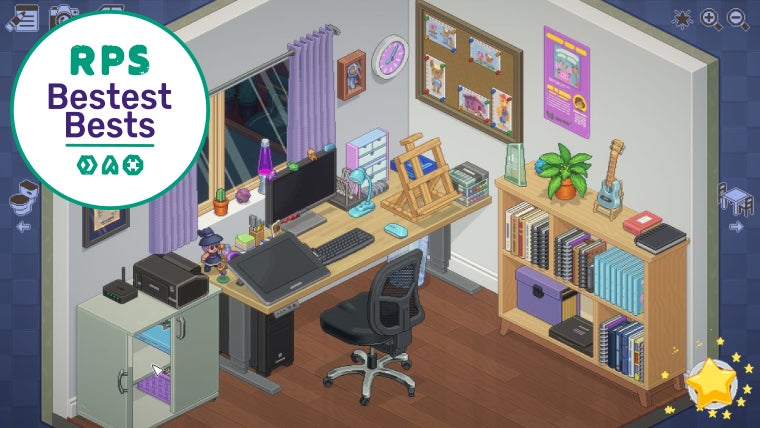 A fully unpacked artists office in Unpacking, with the RPS Bestest Best award logo overlaid in the top left corner