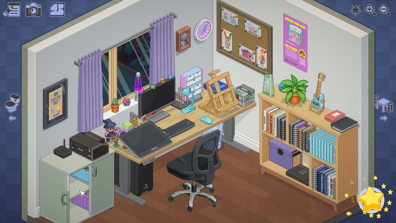 An isometric cutaway of an artist's office in the game Unpacking, with a sophisticated drawing tablet and computer as well as a lot of cute desk toys