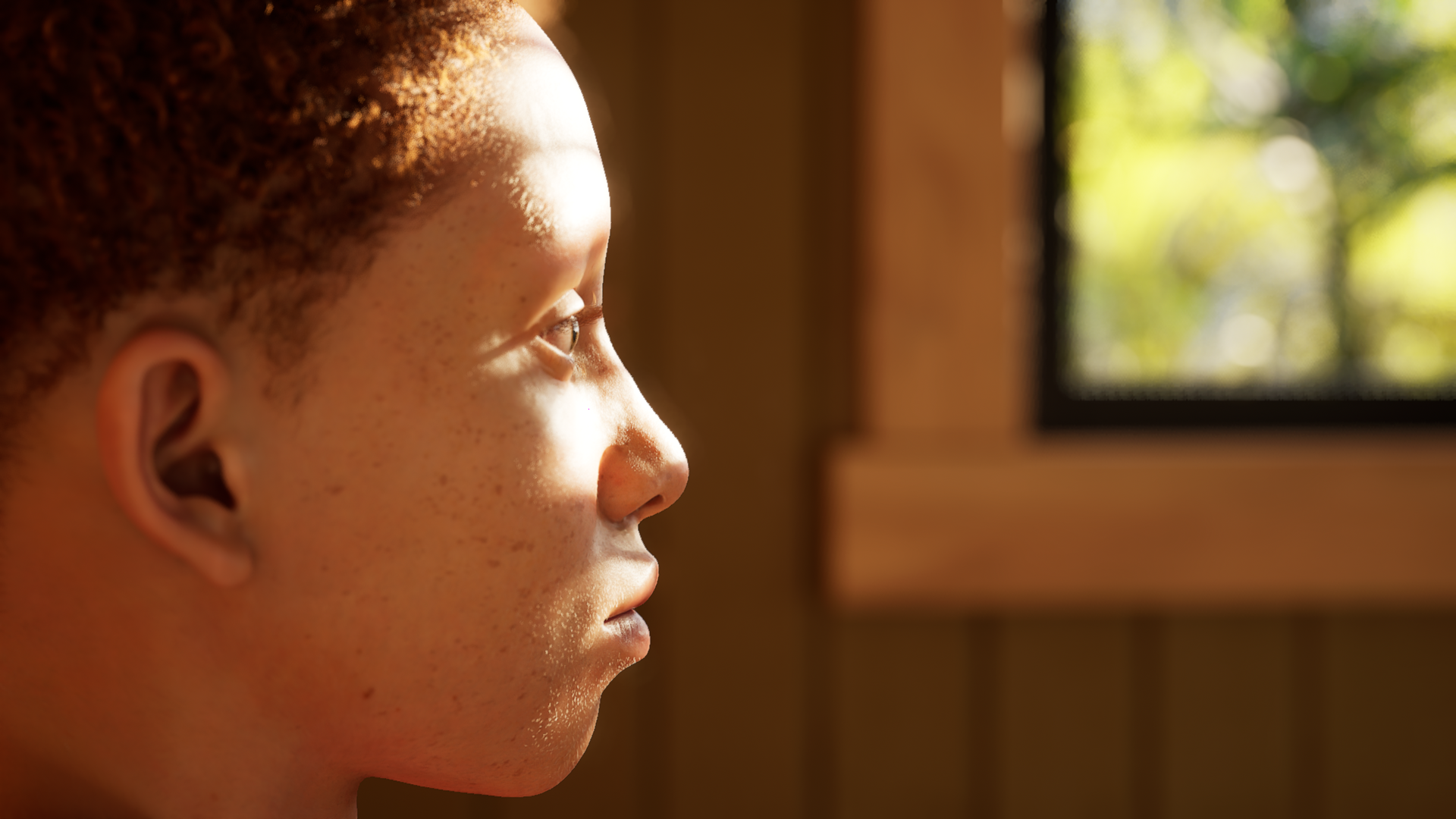 Light shines onto a boy's face in an Unreal Engine 5 tech demo.