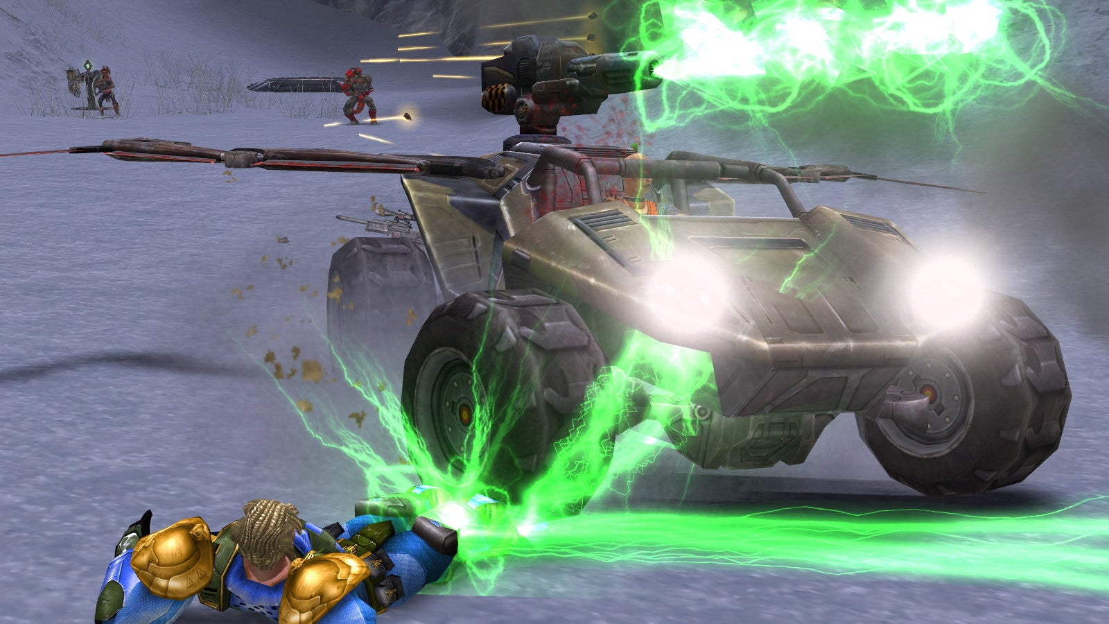 A soldier in blue armour gets crushed by another player in a car shooting green lasers in Unreal Tournament 2004