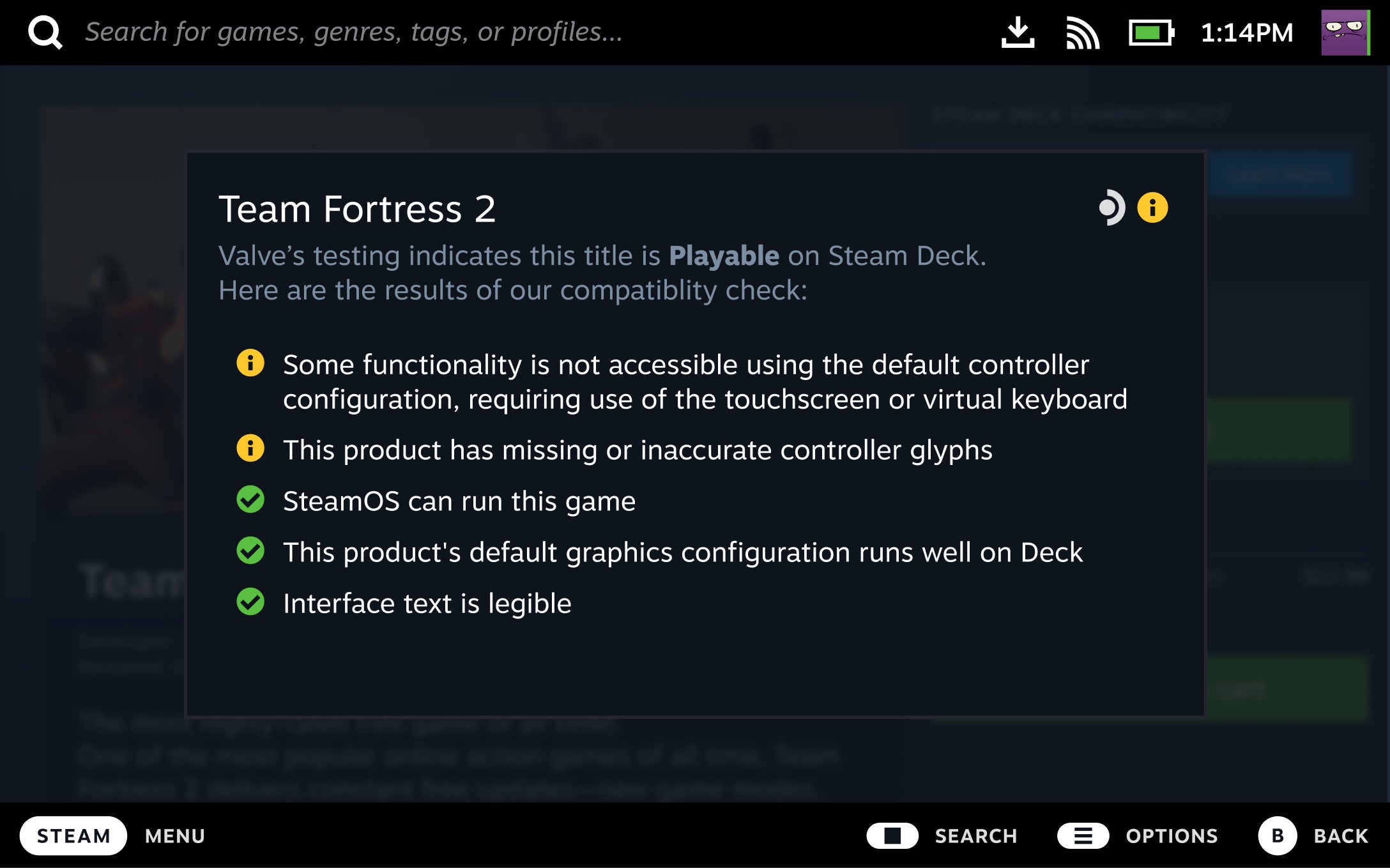 قائمة بمعايير توافق Steam Deck ، تشير إلى عدد لقاءات Team Fortress 2.