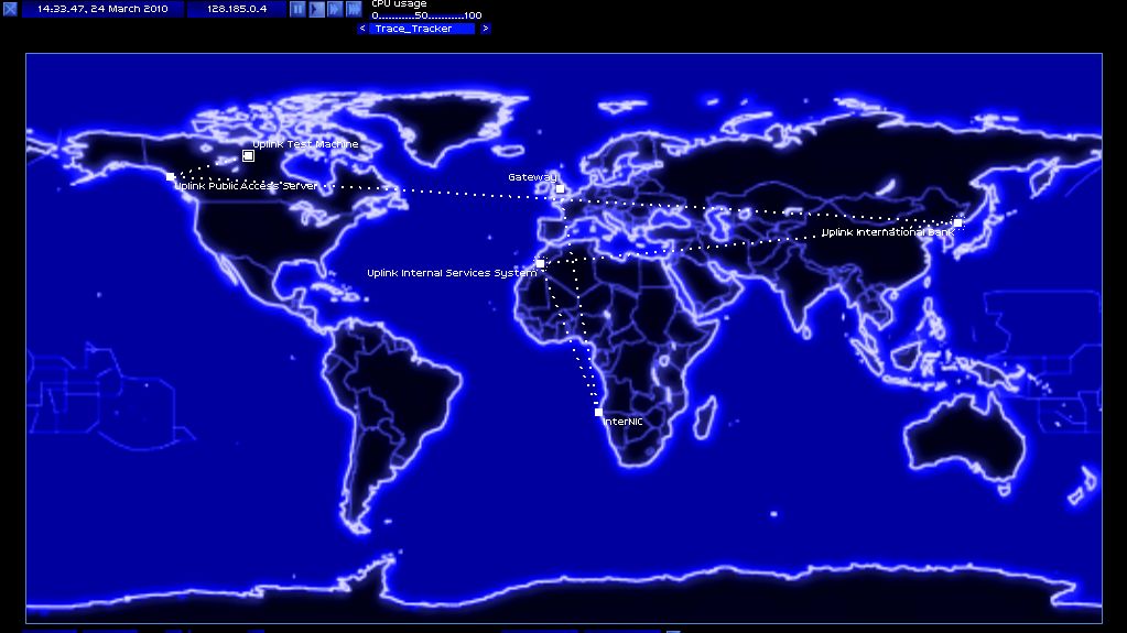 A global server map in Uplink showing the player bouncing their connection through proxies