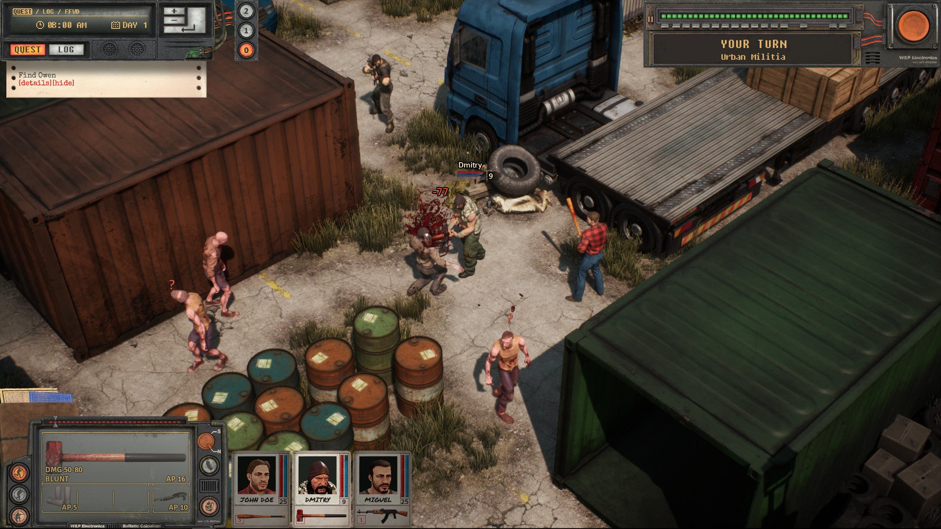 A group of humans bash in some zombies next to some shipping containers in Urban Strife