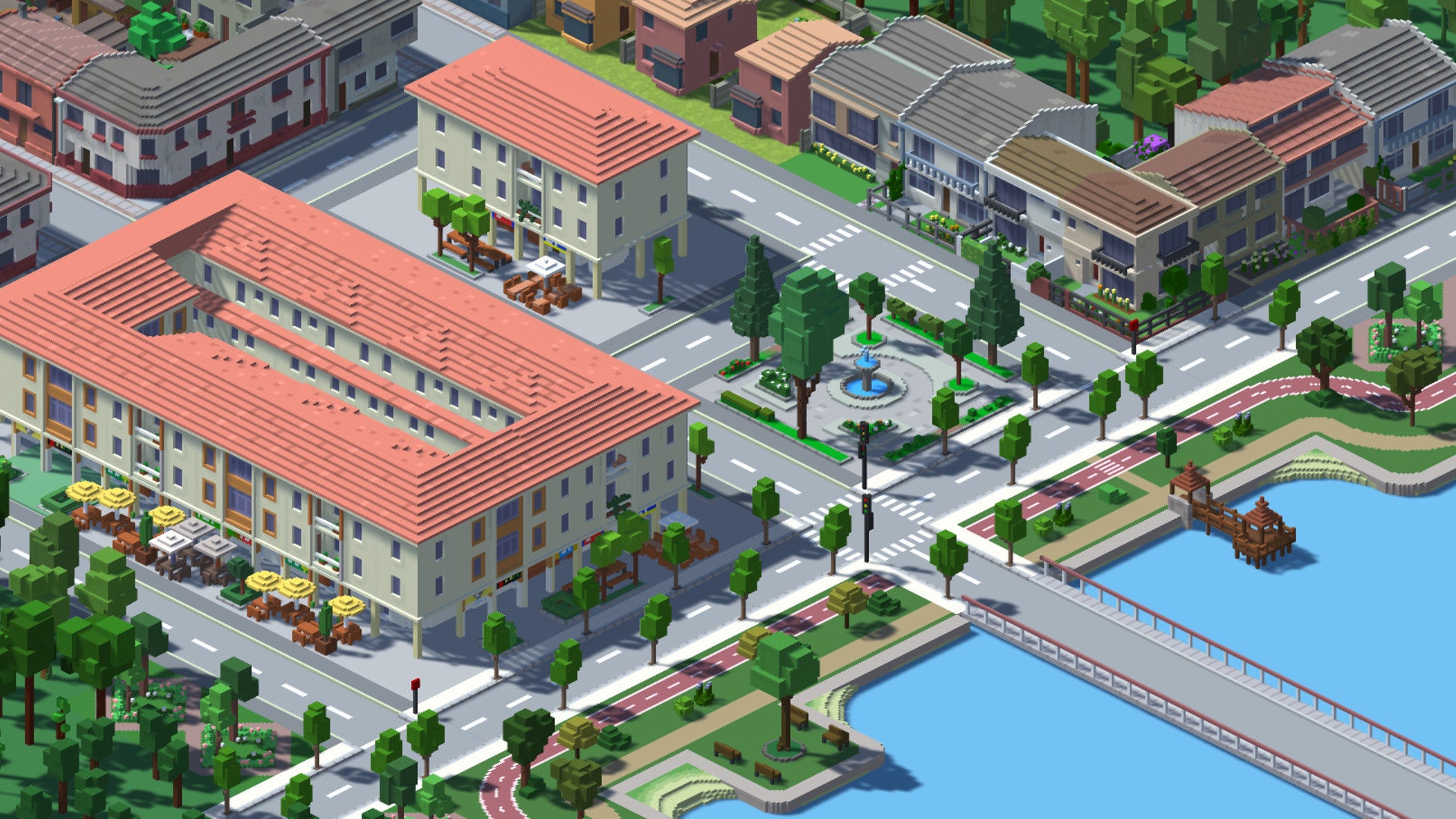 Some orange-roofed buildings rendered in a blocky voxel style and viewed isometrically in Urbek City Builder.