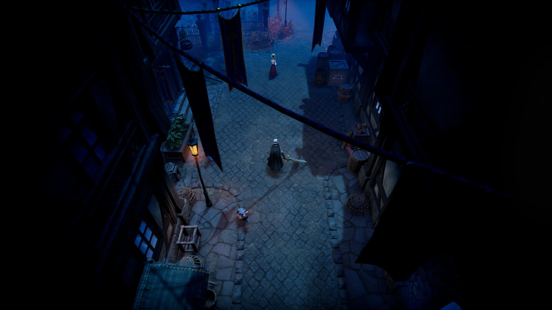 The player in V Rising walks down an alleyway at night, stalking a human.
