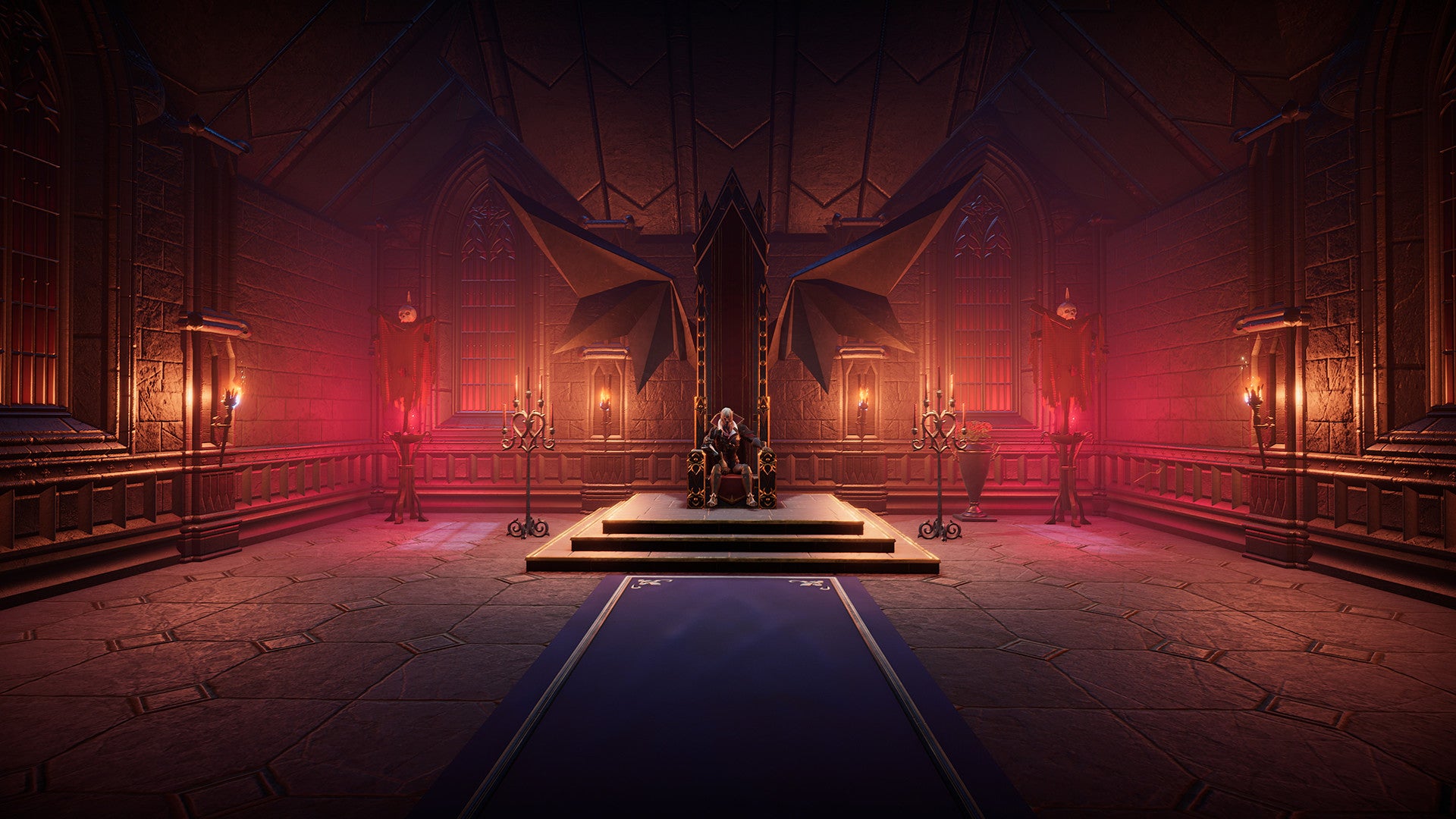 A vampire in V Rising sits on their throne and looks toward the camera.