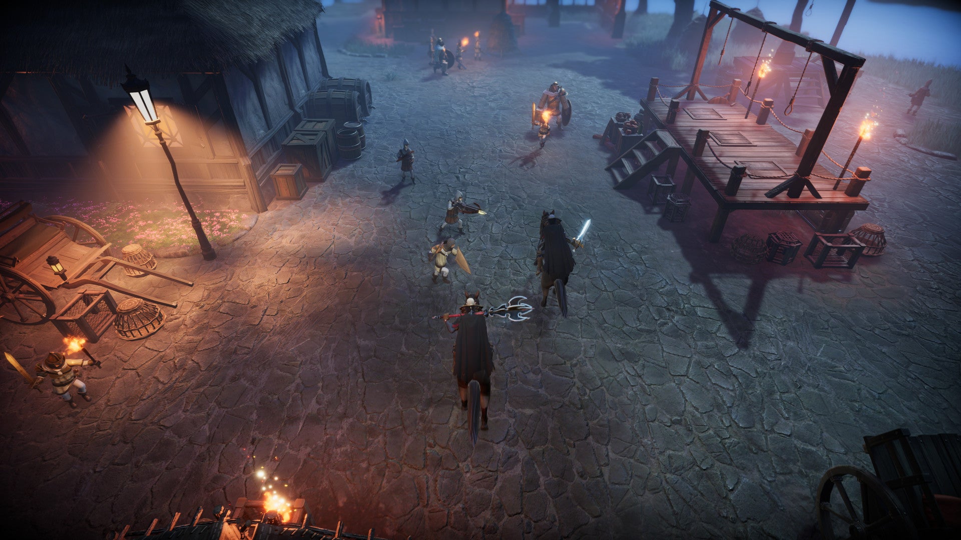 Two players in V Rising ride on horseback through a village of humans who attack them on sight.