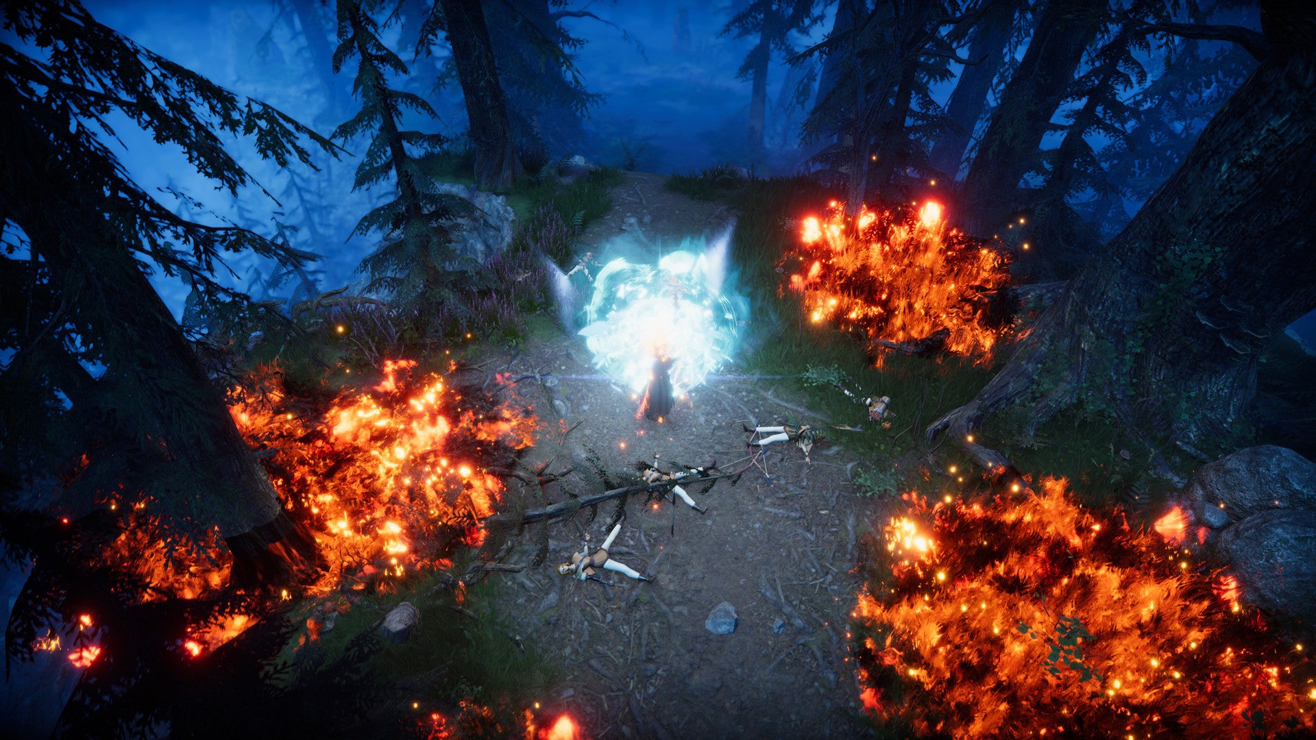 A vampire in V Rising casts a powerful spell while the woods around them burn.