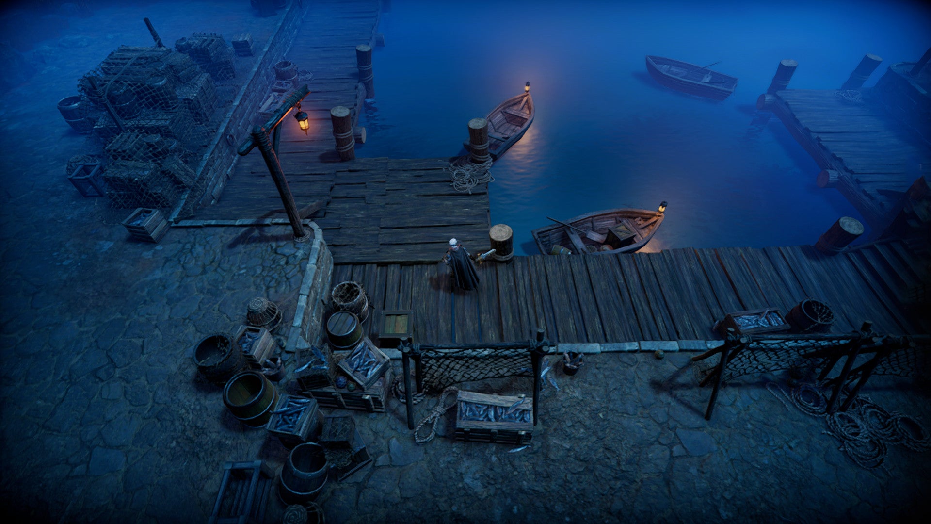 The player in V Rising explores a dockyard at night.