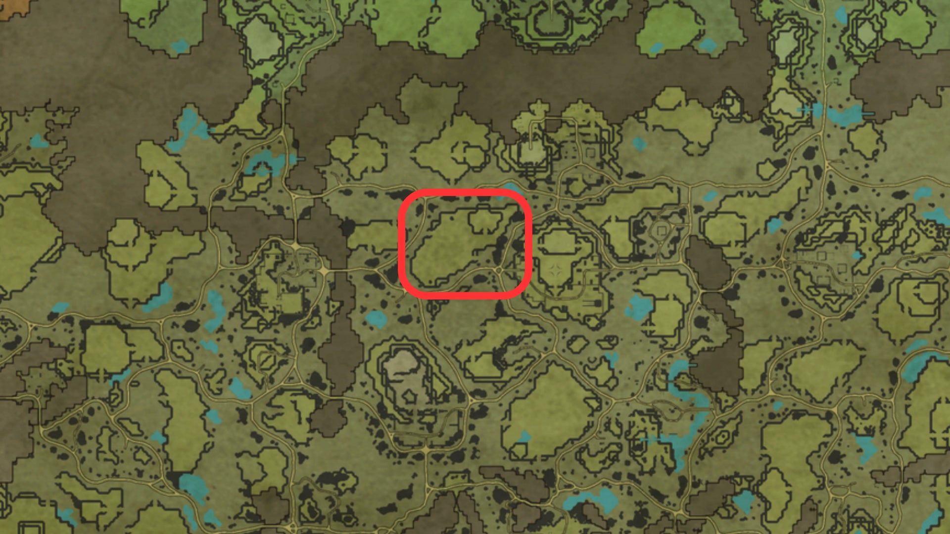 Part of the map of V Rising, with the location of a great base building spot highlighted in the centre of the Farbane Woods.
