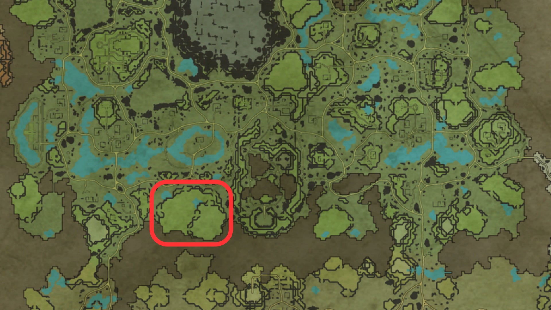 Part of the map of V Rising, with the location of a great base building spot highlighted in the south of the Dunley Farmlands.