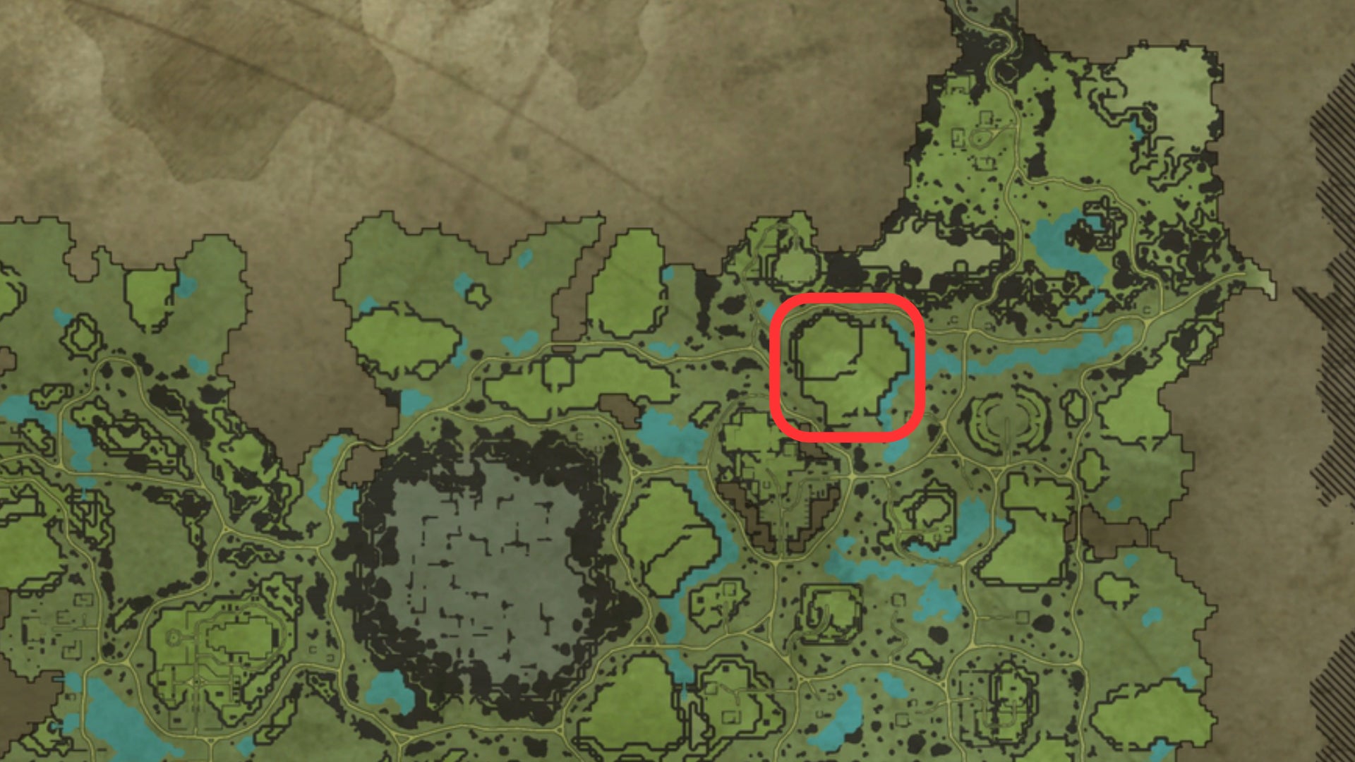 Part of the map of V Rising, with the location of a great base building spot highlighted in the northeast of the Dunley Farmlands.