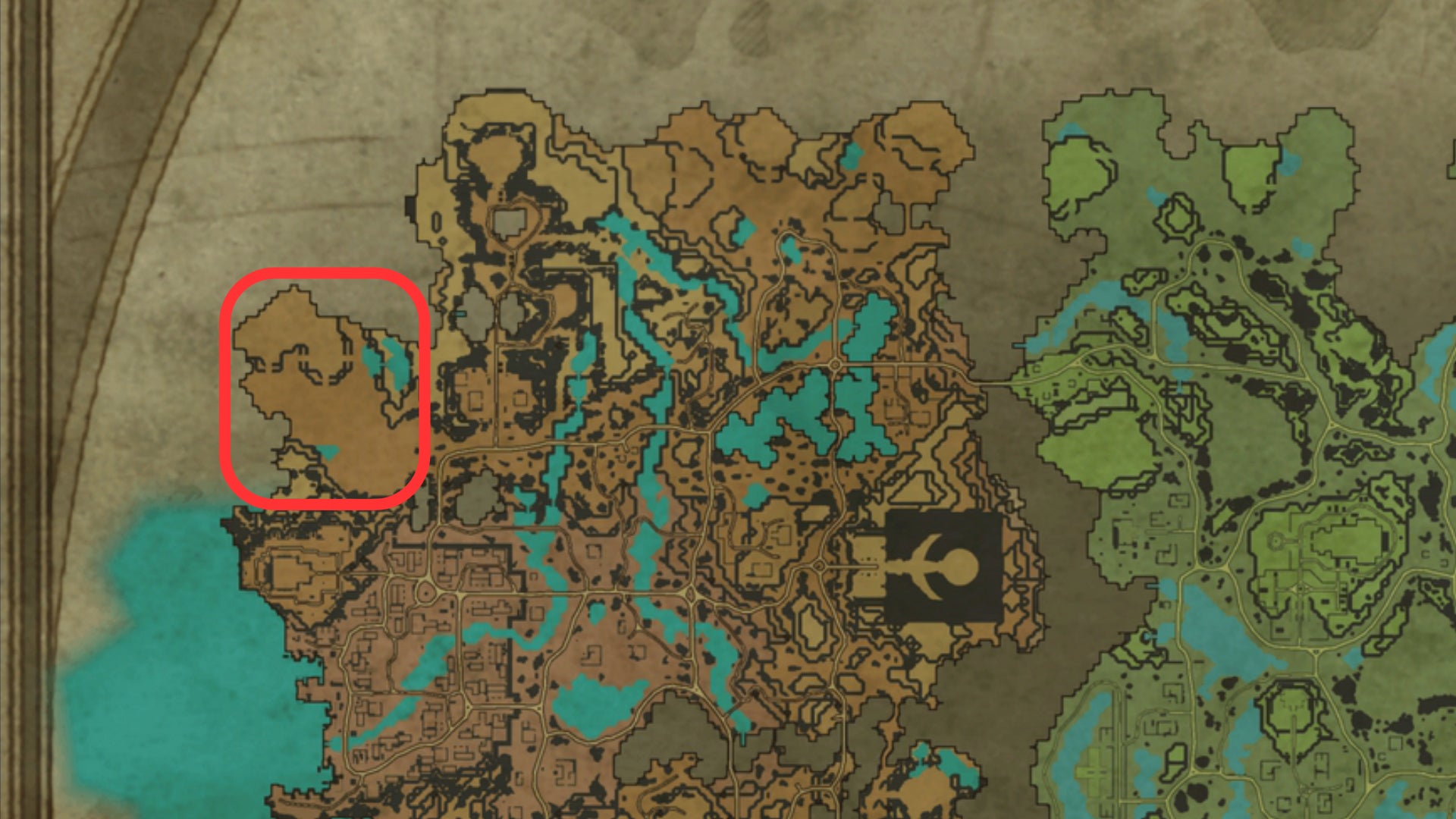 Part of the map of V Rising, with the location of a great base building spot highlighted in the west of the Silverlight Hills.