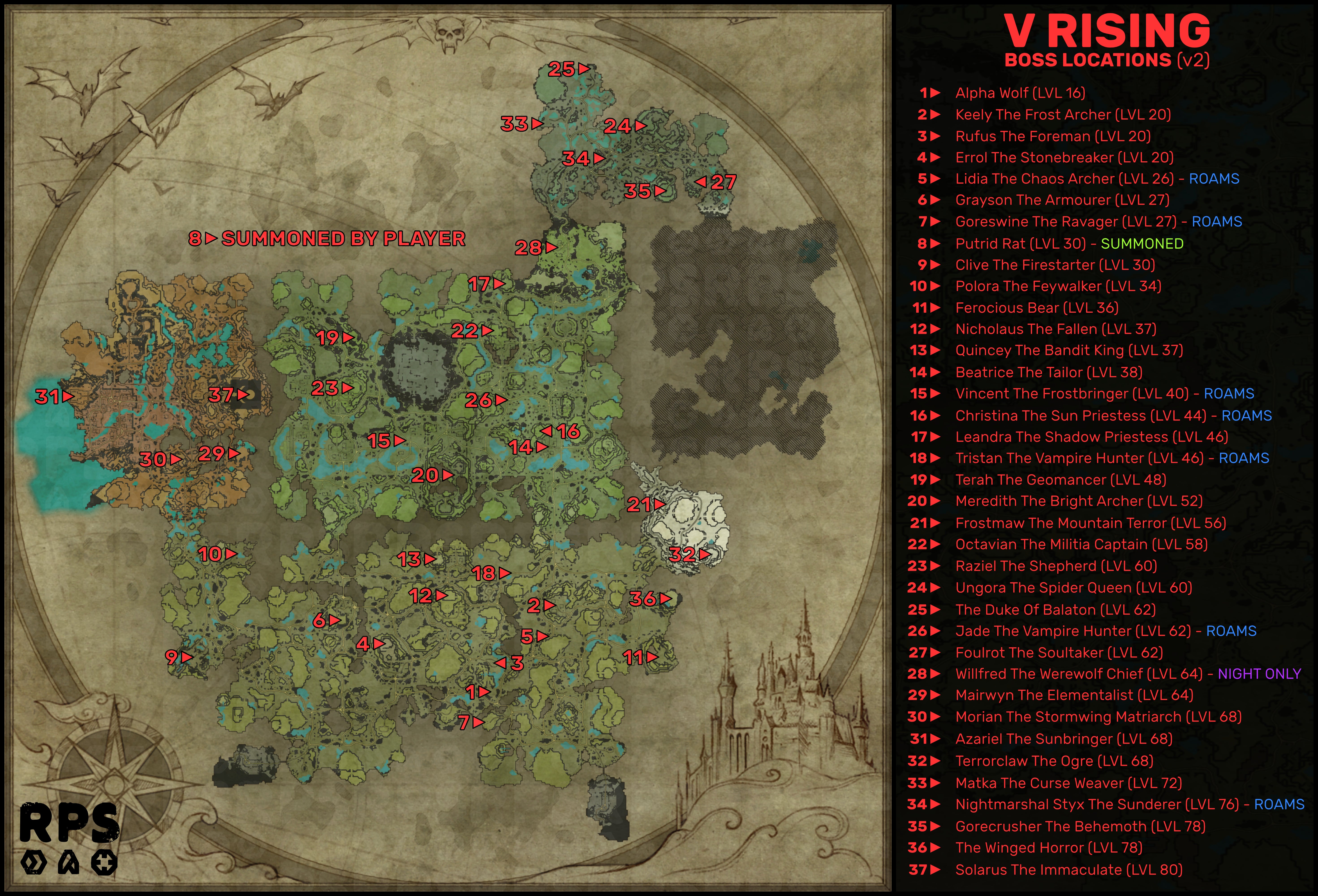 A map of the continent of Vardoran in V Rising, with the locations of every single boss encounter marked and numbered.