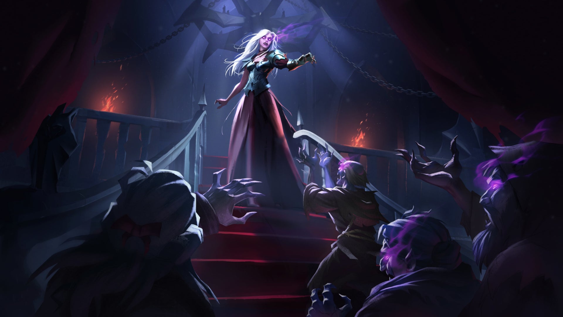 Concept art for V Rising depicting a female vampire issuing orders to her servants from her castle throne.