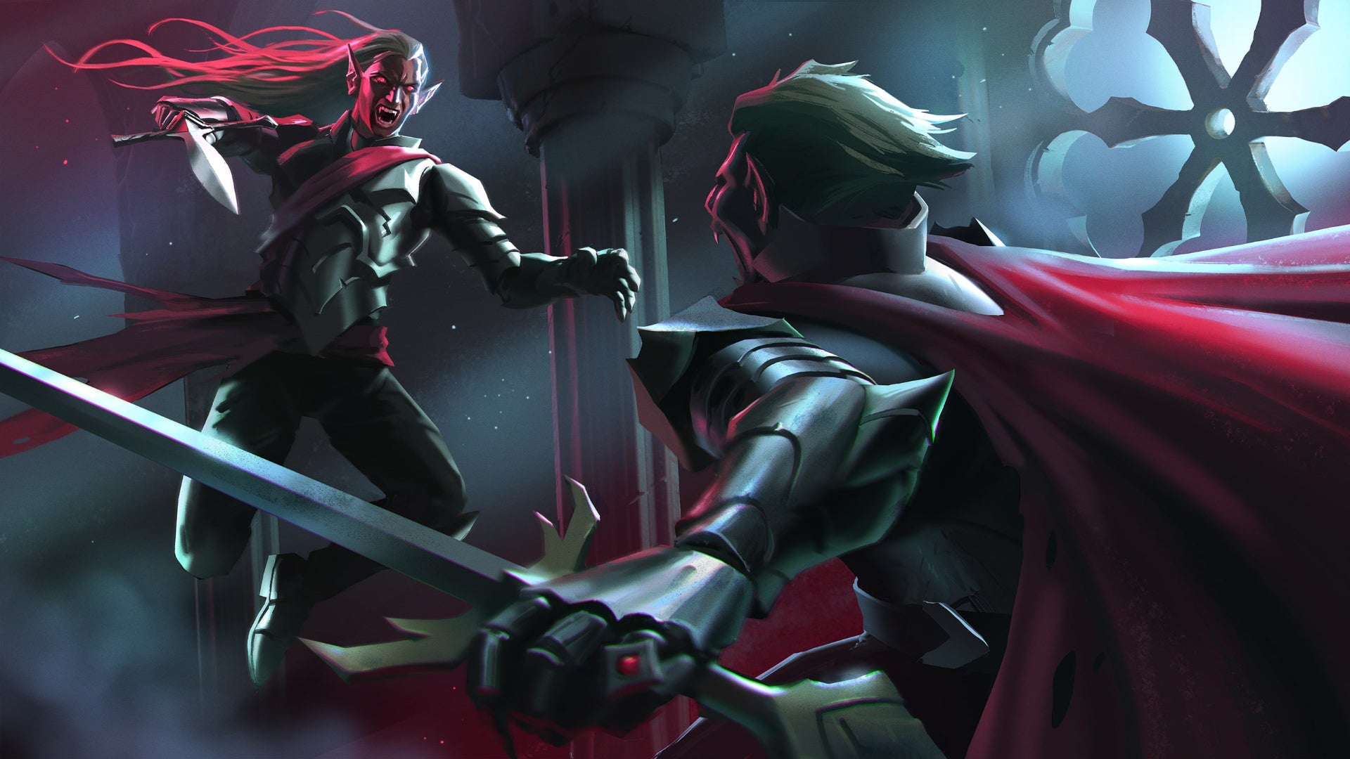 Two sword-wielding vampires fight against one another in some V Rising concept art.