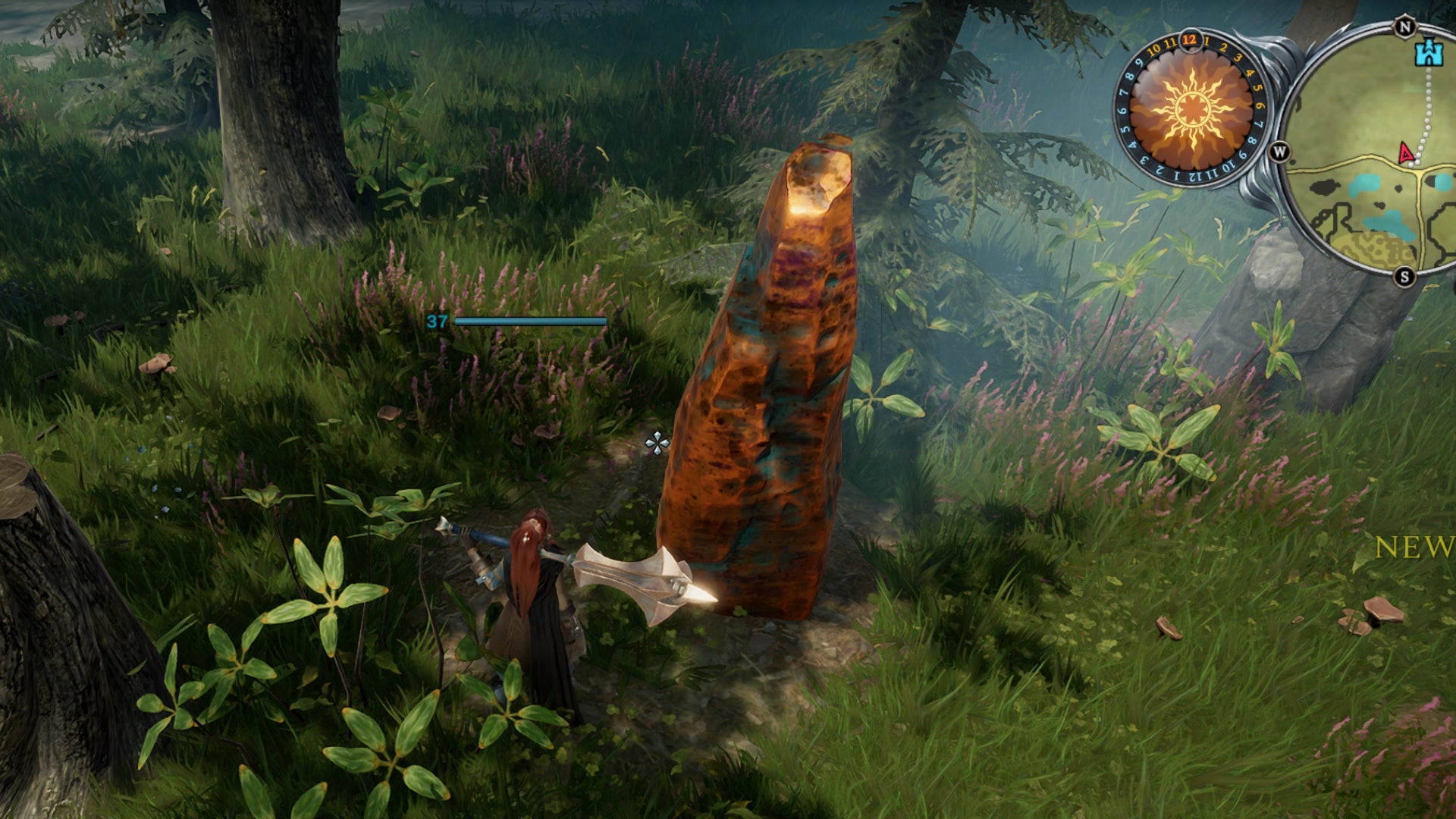 O jogador em V Rising se prepara para extrair cobre de uma rocha.