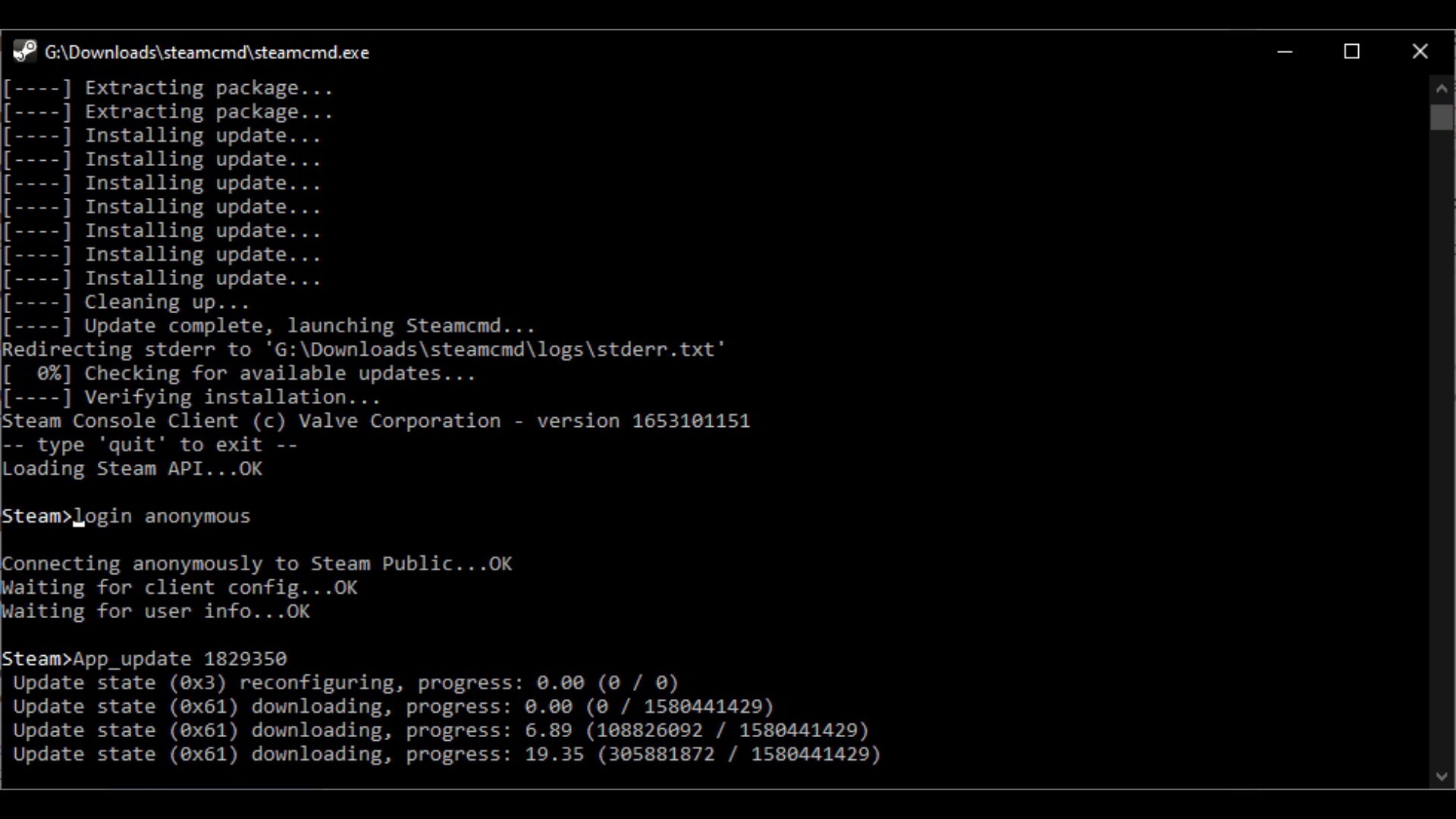 A screenshot of the SteamCMD window, showing the process of installing the V Rising Dedicated Server tool.