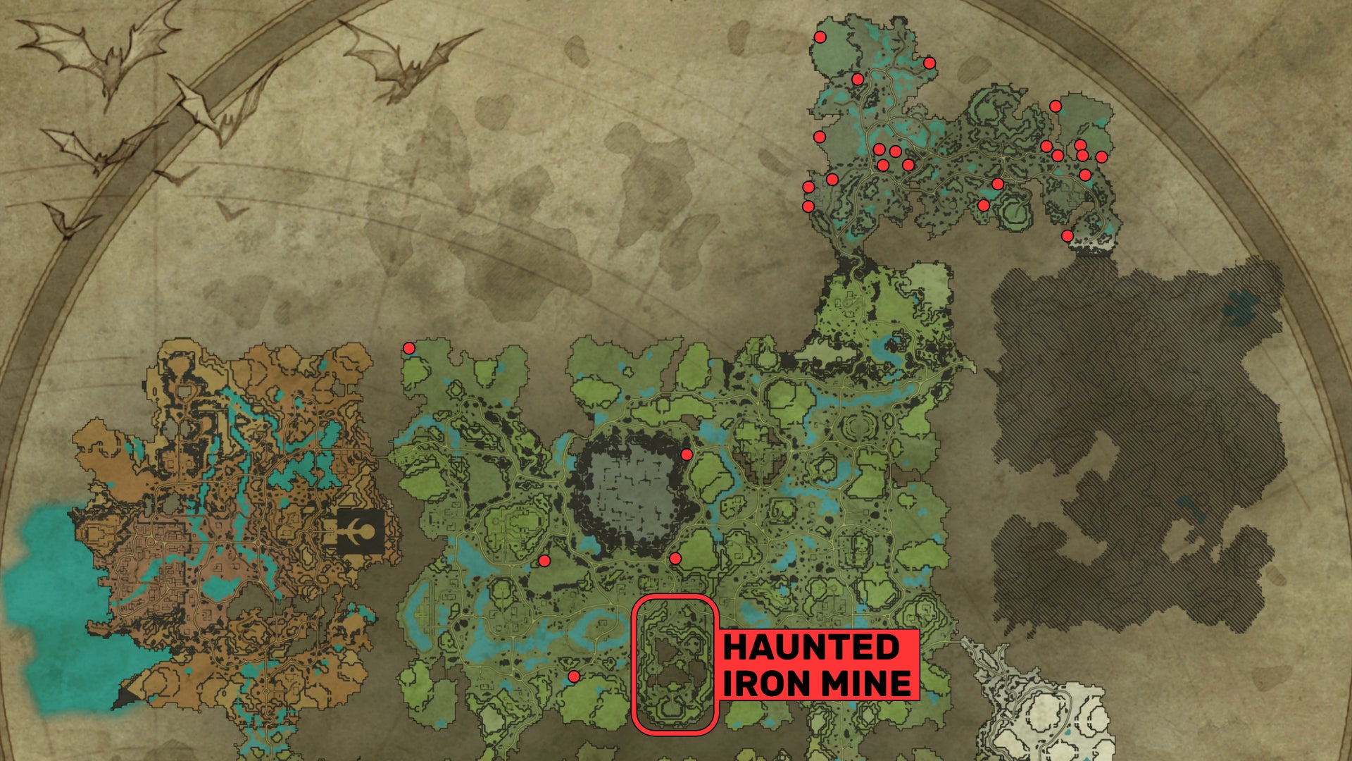 Part of the map of V Rising centred around the Dunley Farmlands and the Cursed Forest, with the locations of Iron Ore veins and the Haunted Iron Mine marked.
