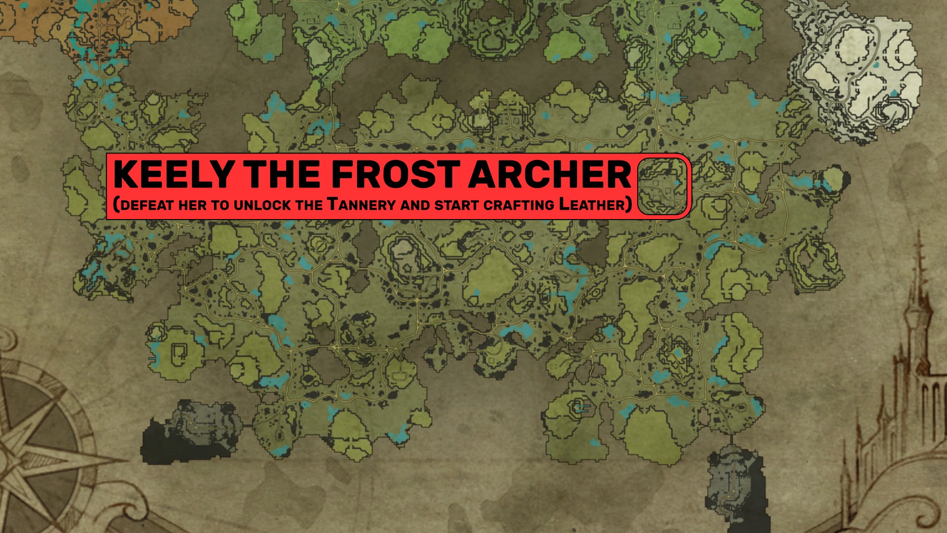 A map of the Farbane Woods in V Rising, with the location of Keely The Frost Archer highlighted.